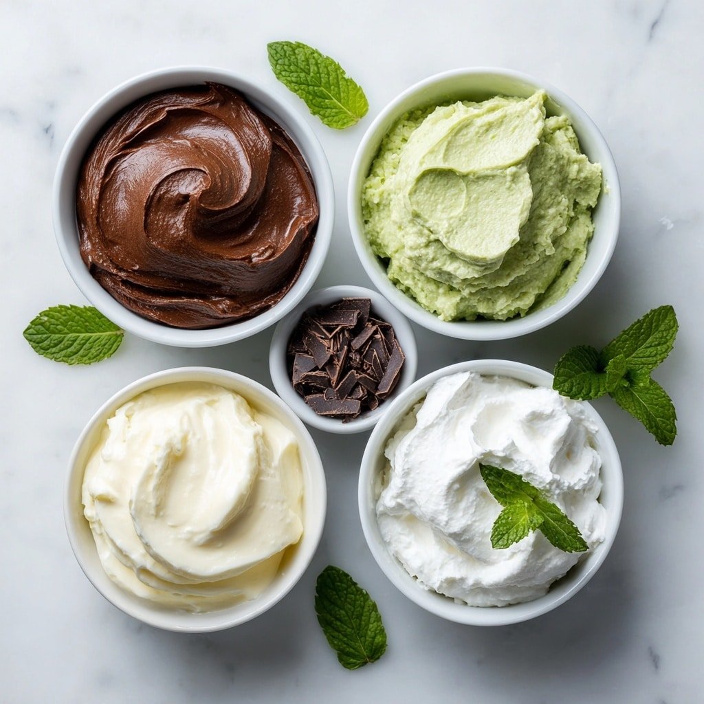 Flat lay of a small white ceramic bowl of smooth chocolate pudding, a small white ceramic bowl of vibrant green mint pudding, a small white ceramic bowl of fresh cold milk, a small white ceramic bowl of fluffy white whipped cream, a small white ceramic bowl with delicate dark chocolate shavings, and a few scattered fresh mint leaves placed symmetrically around the bowls, all arranged neatly and balanced, placed on a clean white marble surface, soft natural light, photo taken with an iPhone, professional food photography style, fresh ingredients, white ceramic bowls, no bottles, no duplicates, no utensils, no packaging --ar 1:1 --v 7 --p m7354639359234015250 — Mint Chocolate Pudding Cups, Chocolate Pudding with Mint, Easy Mint Chocolate Dessert, Quick Chocolate Mint Treats, No-Bake Mint Chocolate Cups