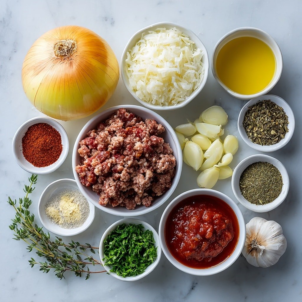 Flat lay of a large peeled yellow onion, a small white ceramic bowl of lean ground beef, a small white ceramic bowl of ground Italian sausage, a small white ceramic bowl of rinsed uncooked jasmine rice, a small white ceramic bowl of finely chopped shallot, four fresh garlic cloves, a small white ceramic bowl of crushed fennel seeds, a small white ceramic bowl of dried basil, a small white ceramic bowl of dried oregano, a small white ceramic bowl of onion powder, a small white ceramic bowl of red pepper flakes, a small white ceramic bowl of fresh chopped thyme, a small white ceramic bowl of fresh chopped Italian parsley, a small white ceramic bowl of smooth strained tomatoes (passata), a small white ceramic bowl of chicken broth, a small white ceramic bowl of finely chopped fresh parsley, a small white ceramic bowl of olive oil, a small white ceramic bowl of balsamic glaze, and a cluster of whole brown peppercorns, all arranged symmetrically and balanced, placed on a clean white marble surface, soft natural light, photo taken with an iPhone, professional food photography style, fresh ingredients, white ceramic bowls, no bottles, no duplicates, no utensils, no packaging --ar 1:1 --v 7 --p m7354639359234015250 — Stuffed Onion Dolma with Italian Sausage, savory stuffed onion recipes, hearty Italian sausage dishes, easy stuffed onion dinner, Mediterranean stuffed vegetables