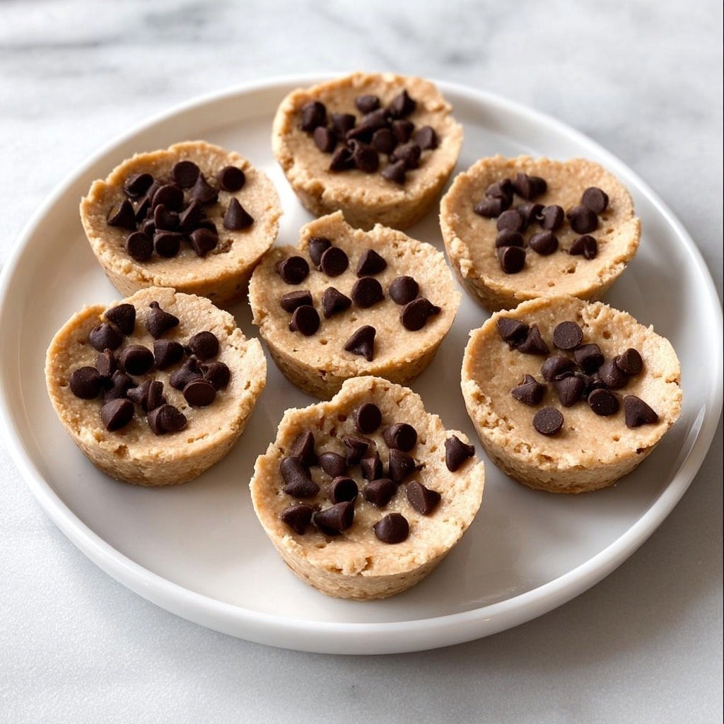 A round white plate sits on a white marbled surface holding eight small muffin-shaped desserts. Each muffin has a light brown base with a soft texture, studded on top with scattered dark brown chocolate chips. The muffins are arranged loosely in two rows, filling most of the plate, and the background shows white jars with copper lids softly blurred near a window letting in natural light. photo taken with an iphone --ar 1:1 --v 7 — Peanut Butter Banana Cookie Dough Fudge Cups, peanut butter banana dessert, no-bake fudge cups, banana and peanut butter treats, easy cookie dough fudge
