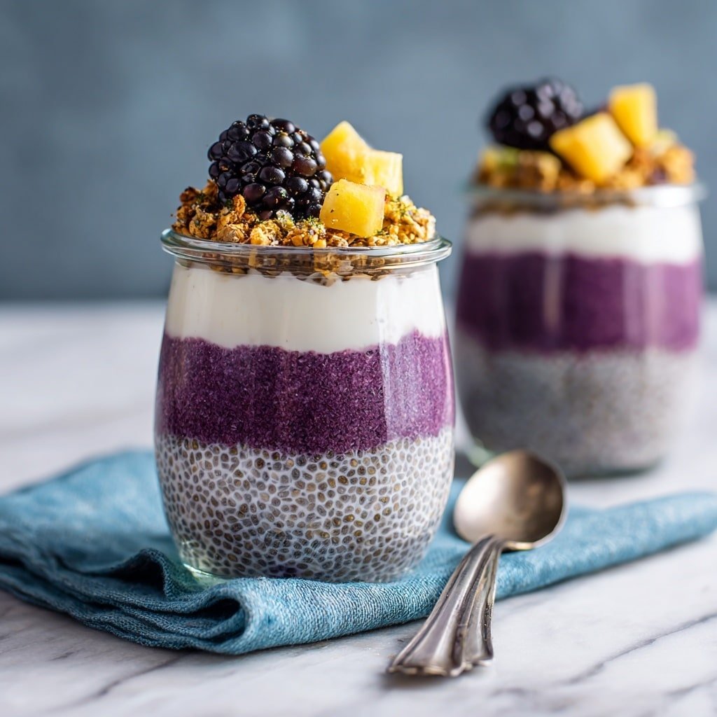 The image shows a clear glass jar filled with three distinct layers: a bottom layer of dark purple chia pudding, a middle layer of smooth white cream, and a top layer of dark purple chia pudding with visible chia seeds. On the very top, there are pieces of light yellow fruit, small blackberries, and some golden brown granola. Another similar jar is visible in the background, placed on a white marbled surface with a turquoise cloth and a spoon nearby. Photo taken with an iphone --ar 1:1 --v 7 — Berry Chia Pudding with Greek Yogurt, healthy berry chia pudding, easy breakfast recipes with chia seeds, nutritious fruit pudding, quick overnight chia pudding