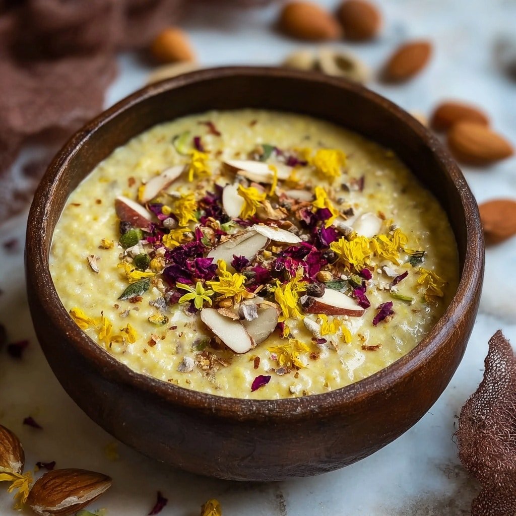 A close-up view of a creamy yellow porridge with visible grains and seeds, served in a dark brown bowl placed on a white marbled surface. The porridge is topped with a colorful mixture of sliced almonds, small green leaves, and bright yellow and deep purple flower petals scattered on the surface, creating a vibrant contrast with the creamy base. In the background, blurred pieces of cookies and some of the flower petals can be seen spread around, enhancing the rustic and natural feel of the image. Photo taken with an iphone --ar 1:1 --v 7 — Kulfi-Style Overnight Oats, Indian-inspired overnight oats, fragrant morning oats, easy kulfi-flavored breakfast, quick overnight oats recipe