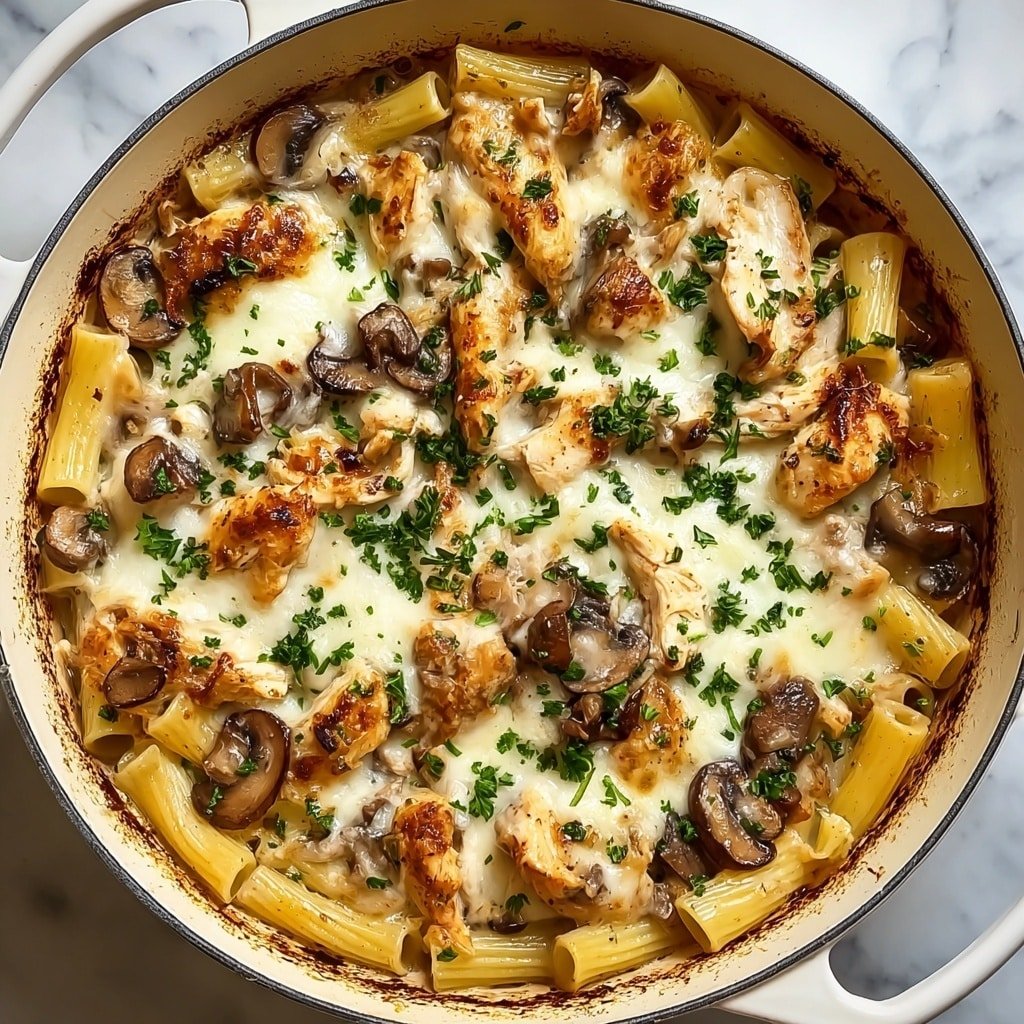 The image shows a large skillet filled with a creamy dish made of three main layers. At the bottom, there is a layer of light yellow penne pasta scattered evenly around the pan. Above the pasta, there are many pieces of browned, cooked chicken and sliced mushrooms that are light brown and soft-looking. On top of the chicken and mushrooms, there is a creamy sauce mixed with melted cheese that is light beige with some white melted spots, garnished with small green herbs sprinkled across the surface. The sides of the skillet have some browned marks from cooking, and the whole dish is placed on a white marbled surface. Photo taken with an iphone --ar 1:1 --v 7 — Chicken Marsala Ziti Bake, Chicken Marsala pasta casserole, creamy chicken ziti bake, baked pasta with Marsala wine, cheesy chicken noodle bake