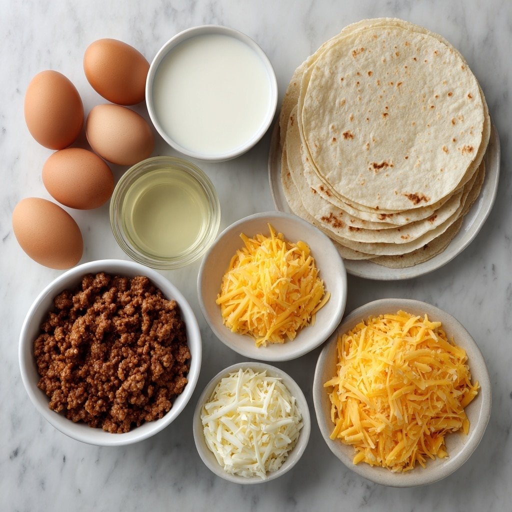Flat lay of twelve whole uncracked brown eggs arranged neatly, a small white bowl filled with fresh milk, a small white bowl containing cooked and crumbled breakfast sausage with a rich browned texture, a simple pyramid of shredded bright orange cheddar cheese, a small mound of shredded creamy white Monterey Jack cheese, a stack of soft 10-inch flour tortillas with a pale golden hue, and a small white bowl holding clear vegetable oil, all placed on a clean white marble surface, soft natural light, photo taken with an iPhone, professional food photography style, fresh ingredients, white ceramic bowls, no bottles, no duplicates, no utensils, no packaging --ar 1:1 --v 7 --p m7354639359234015250 — Freezer Breakfast Burritos, homemade breakfast burritos, make-ahead breakfast recipes, easy breakfast ideas, freezer-friendly breakfast ideas