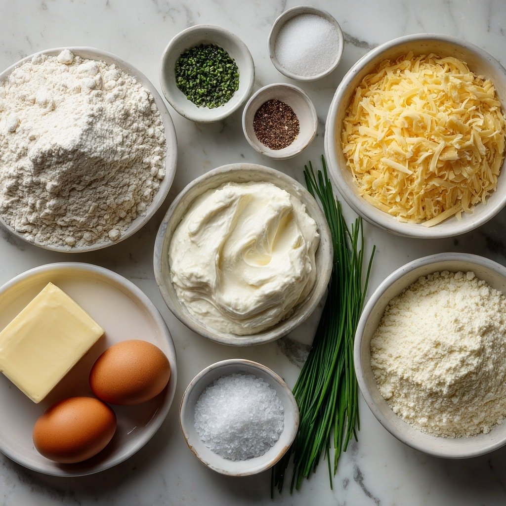 Flat lay of a small mound of all-purpose flour, a small white bowl of granulated sugar, a small white bowl of baking powder, a small white bowl of garlic powder, a small white bowl of salt, a small white bowl of freshly ground black pepper, a few sprigs of fresh chives, a small white bowl filled with shredded cheddar cheese, a small block of frozen unsalted butter, a small white bowl of cold buttermilk, a single large whole egg with a clean shell, a small pile of finely chopped ham, and a small white bowl of flaky sea salt, all arranged in perfect symmetry on simple white ceramic bowls and plates, placed on a clean white marble surface, soft natural light, photo taken with an iPhone, professional food photography style, fresh ingredients, white ceramic bowls, no bottles, no duplicates, no utensils, no packaging --ar 1:1 --v 7 --p m7354639359234015250 — Cheddar Ham Scones, savory scones with cheese and ham, easy breakfast scones, flaky cheddar scones recipe, hearty ham and cheese scones