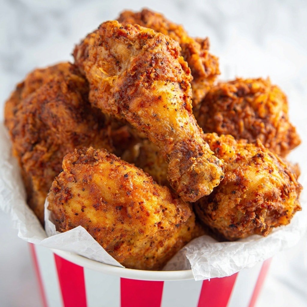 Seven pieces of crispy fried chicken drumsticks with a golden brown color and textured crunchy coating are arranged inside a black air fryer basket. The basket has small raised lines at the base for airflow. The chicken pieces are evenly spaced but close to each other, showing some darker fried spots and crispy ridges on the surface. The background is a white marbled texture. photo taken with an iphone --ar 1:1 --v 7 — Air Fryer KFC-Inspired Buttermilk Chicken Drumsticks, crispy chicken, air fryer chicken recipe, baked chicken drumsticks, Southern-style chicken