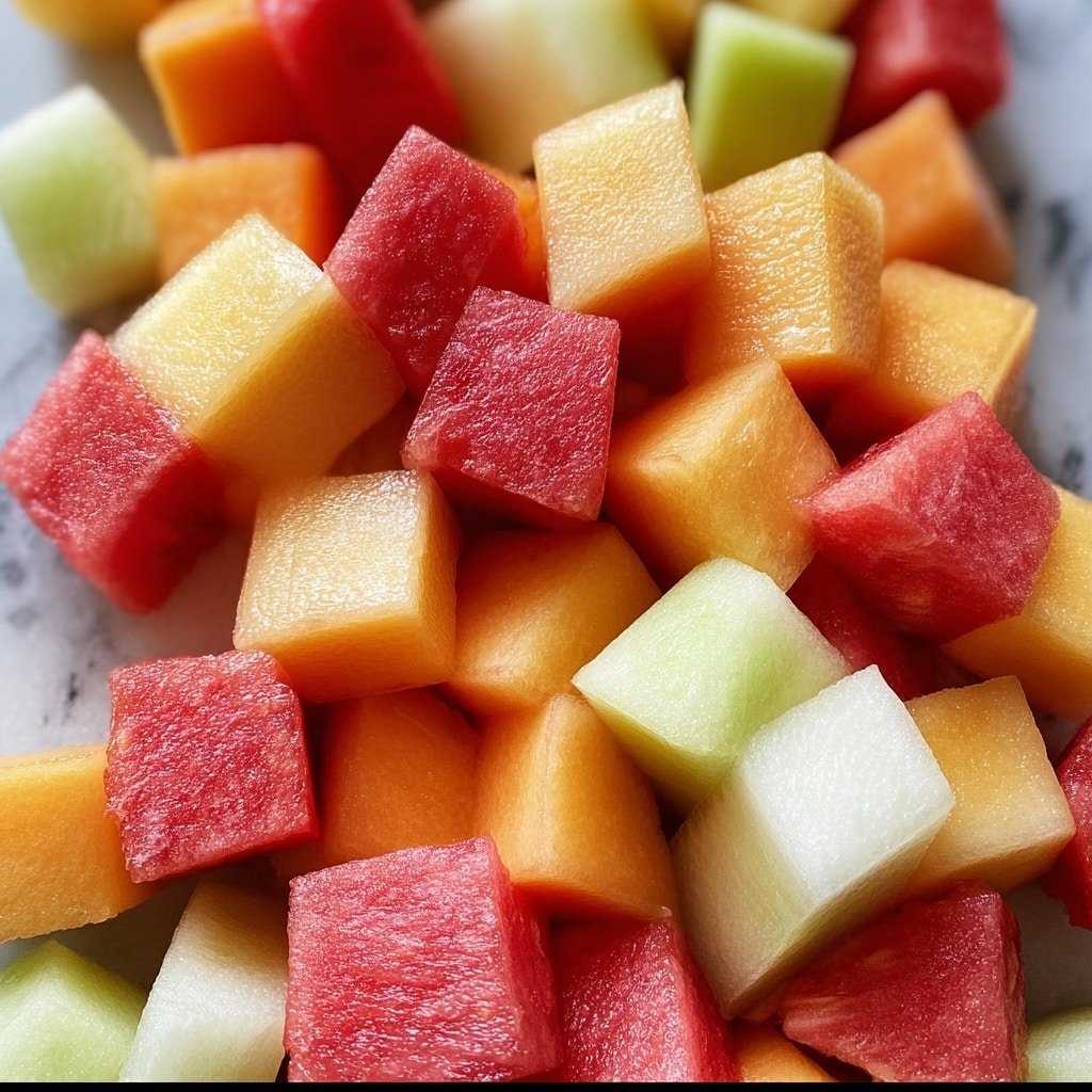 This image shows many pieces of fruit cut into medium-sized cubes arranged closely together. The fruit layers include bright red watermelon, pale yellow honeydew melon, and orange cantaloupe, all mixed evenly. Each cube has a smooth and moist texture, with the watermelon having a slightly grainy surface, the honeydew smooth and glossy, and the cantaloupe showing some faint lines on its skin. The fruit is placed on a white marbled surface, creating a fresh and colorful look. photo taken with an iphone --ar 1:1 --v 7 — Refreshing Peach Watermelon Salad, summer fruit salad, healthy fruit salad, quick watermelon salad, easy summer salad