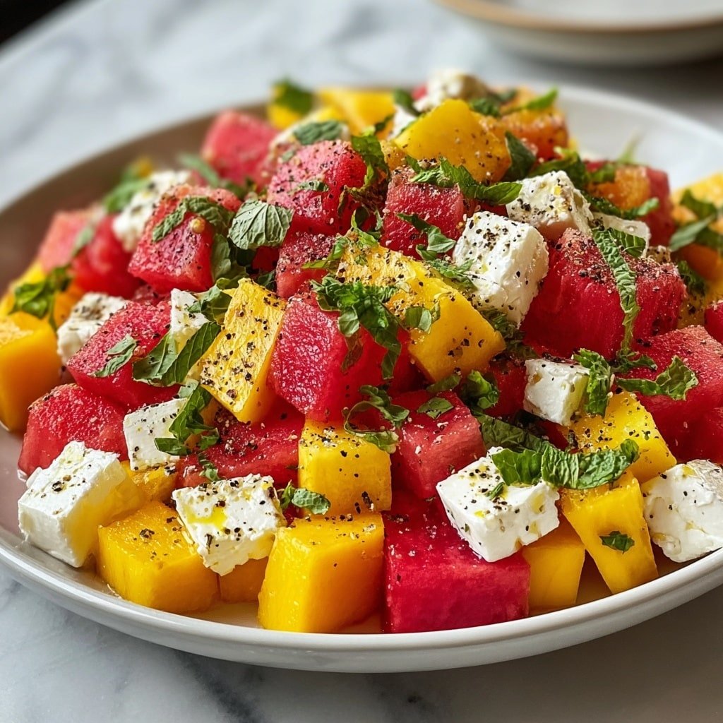 The image shows a colorful salad piled high on a white plate with a natural wood edge. The salad has three main layers of fresh, juicy chunks of watermelon in pink-red, bright yellow pieces of bell pepper, and small cubes of white feta cheese scattered all over. Finely chopped green herbs are sprinkled throughout, adding a fresh touch, and there are small bits of black pepper on top for contrast. The plate sits on a white marbled surface with a soft background blur. photo taken with an iphone --ar 1:1 --v 7 — Refreshing Peach Watermelon Salad, summer fruit salad, healthy fruit salad, quick watermelon salad, easy summer salad