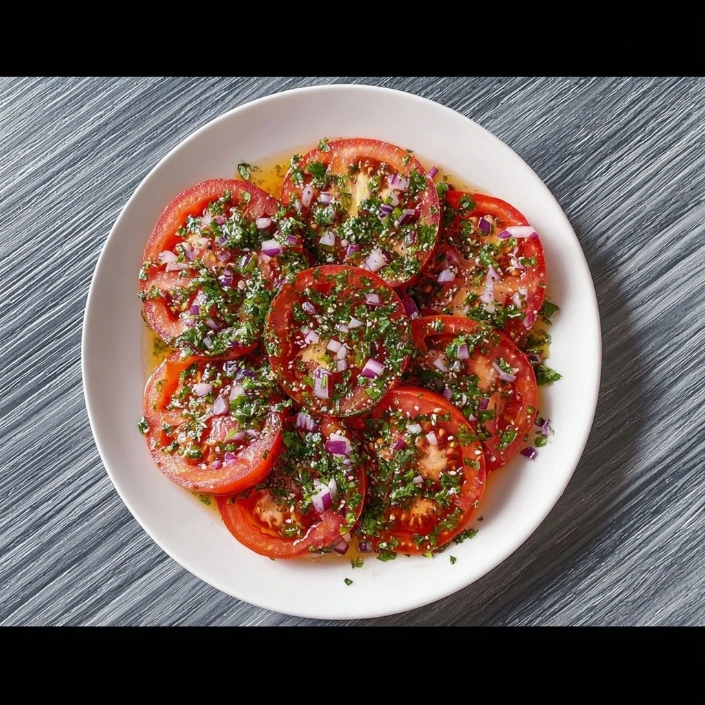 A round white plate holds a single layer of bright red tomato slices arranged in a circle. The tomatoes are topped evenly with finely chopped green herbs and small pieces of purple onion, all mixed with a shiny light dressing that gives a fresh and moist look. The plate sits on a white marbled surface. photo taken with an iphone --ar 1:1 --v 7 — Marinated Tomato Salad with Fresh Herbs, fresh tomato salad, summer tomato salad, easy herb tomato recipe, healthy marinated tomato dish
