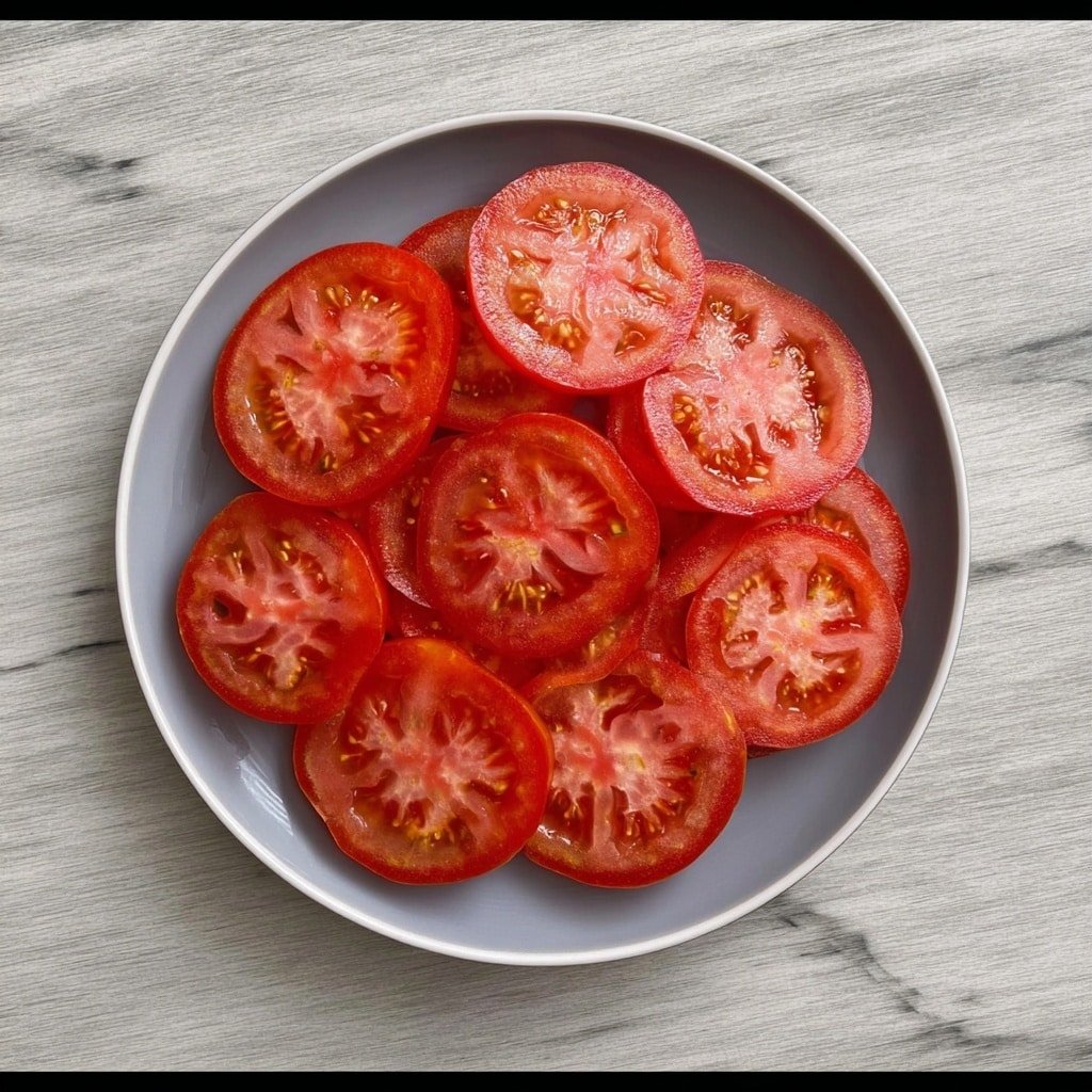 The image shows a round white plate filled with eight thick red tomato slices arranged in a slightly overlapping circle. Each tomato slice is topped with finely chopped green herbs and small pieces of red onion, all mixed in a light dressing that gives a shiny texture. Around the plate on the white marbled surface, there are two bright red tomato halves, several green basil leaves and parsley sprigs, and a white cloth draped casually in the corner. The photo looks fresh and colorful, with a bright and clean style. Photo taken with an iphone --ar 1:1 --v 7 — Marinated Tomato Salad with Fresh Herbs, fresh tomato salad, summer tomato salad, easy herb tomato recipe, healthy marinated tomato dish