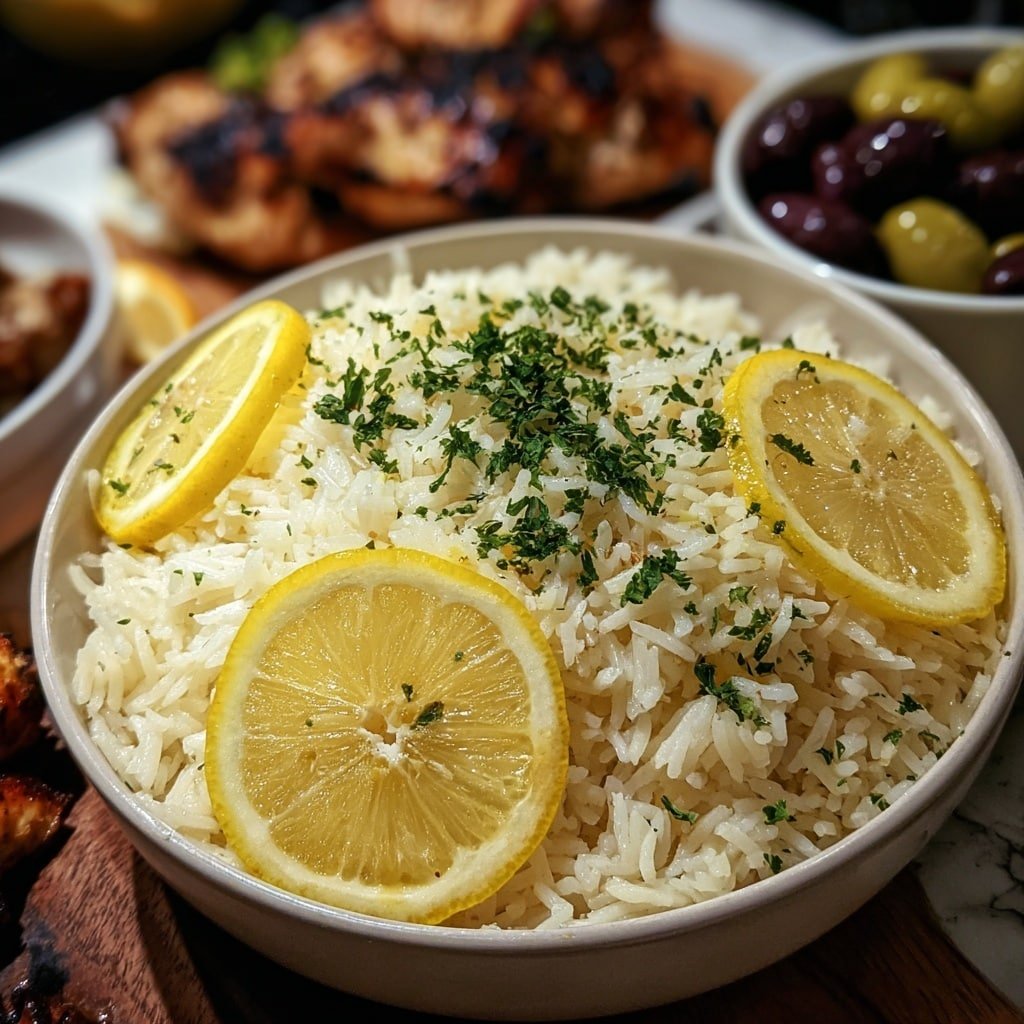 A deep white bowl filled with fluffy white rice layered evenly, topped with green parsley flakes scattered across the surface, and decorated with bright yellow lemon slices placed on top and around the edges. The rice looks soft with a slightly shiny texture. In the background, there are side dishes including grilled chicken and dark olives on a white marbled surface. photo taken with an iphone --ar 1:1 --v 7 — Greek Lemon Rice, Greek Lemon Rice Recipe, Mediterranean rice side dish, easy lemon rice, flavorful rice with lemon