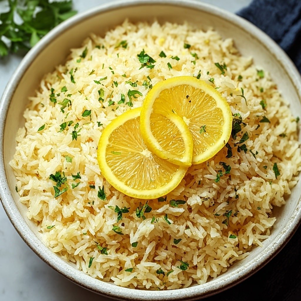 A bowl filled with a single layer of cooked white rice mixed with small bits of green herbs and fine red spice sprinkled evenly across the top. Two thin lemon slices sit slightly overlapping on the center of the rice, showing the juicy texture inside. The bowl is dark and round, placed on a white marbled surface with blurred lemon halves and green leaves in the background. Photo taken with an iphone --ar 1:1 --v 7 — Greek Lemon Rice, Greek Lemon Rice Recipe, Mediterranean rice side dish, easy lemon rice, flavorful rice with lemon