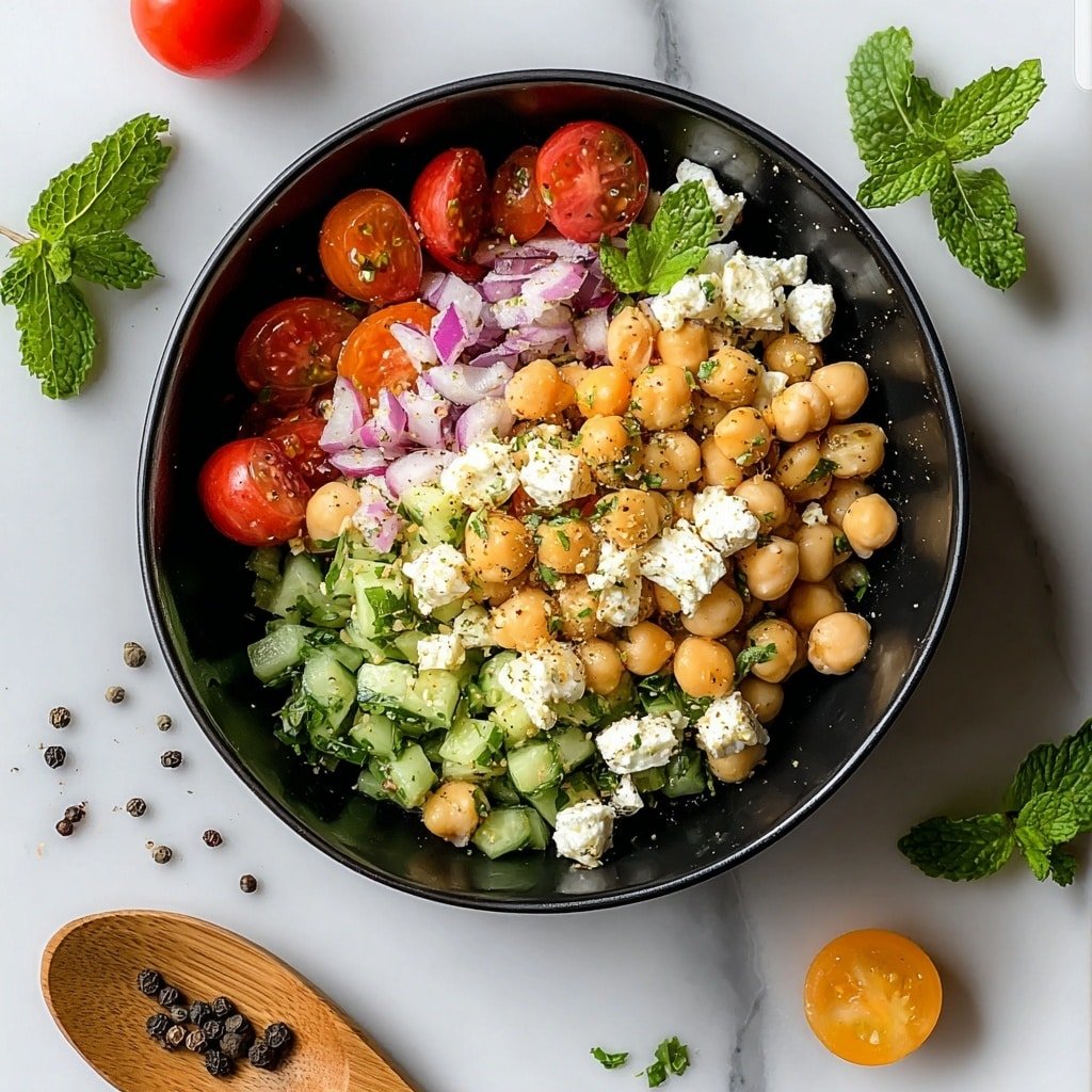 A black bowl on a white marbled surface holds a fresh salad made of three main layers: at the bottom, finely chopped green cucumber and herbs; scattered throughout are creamy white chunks of cheese with black pepper on top; on the upper layer, round pale yellow chickpeas and bright red cherry tomato halves are evenly spread, along with a few slices of purple onion on one side. Around the bowl, scattered green mint leaves, whole black peppercorns, a wooden spoon with a few peppercorns, and a whole cherry tomato add extra color and texture. photo taken with an iphone --ar 1:1 --v 7 — Healthy Cottage Cheese and Chickpeas Salad, nutritious chickpea salad, quick healthy salad, protein-packed vegetarian salad, easy cottage cheese salad