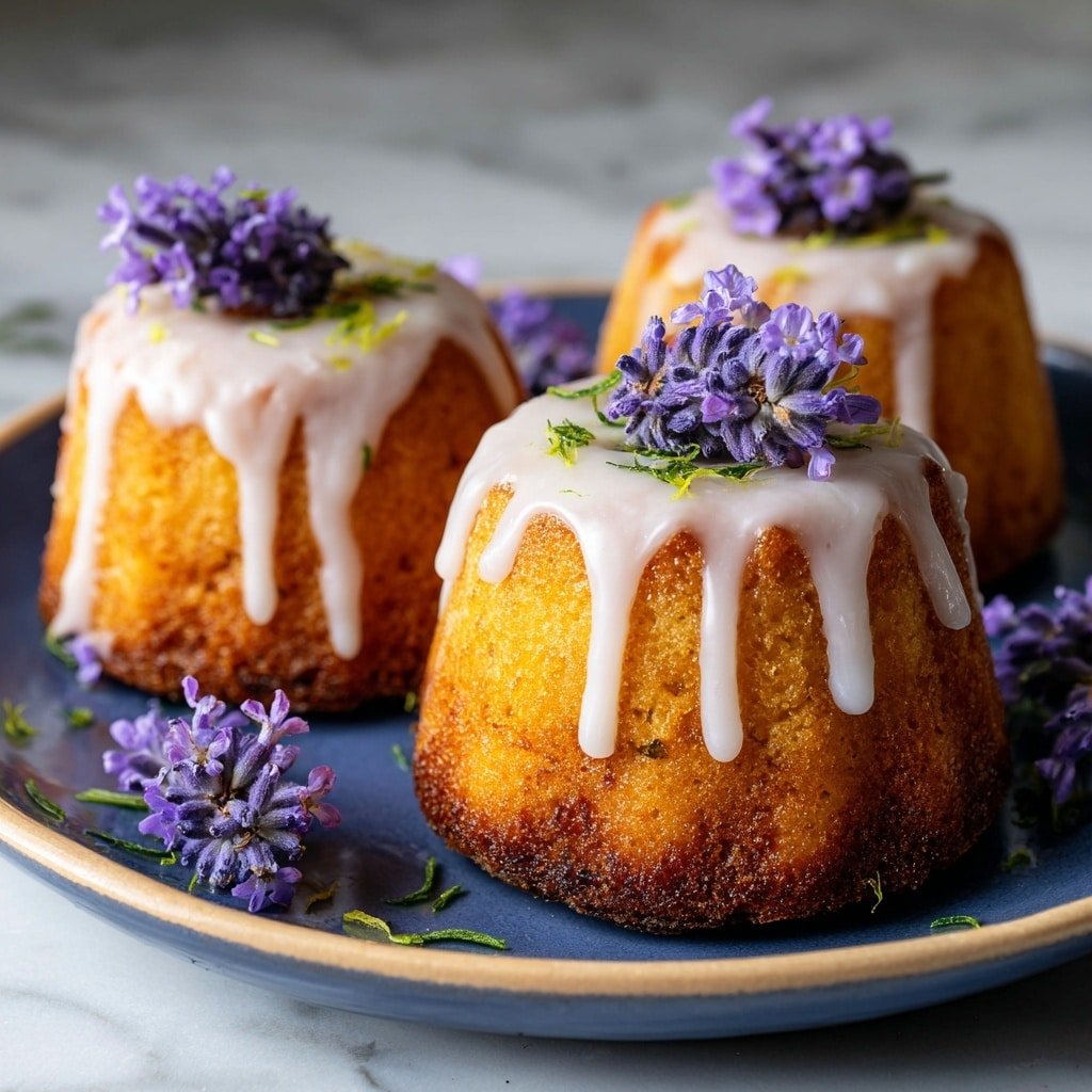 Three small bundt cakes are placed on a white plate with a blue inner surface. Each cake is golden brown with a smooth texture and has white icing dripping down from the top in thick streams. On top of each cake, there is a small bunch of purple lavender flowers and scattered green chive pieces. Additional lavender flowers lie around the cakes on the plate. The background is a white marbled surface. photo taken with an iphone --ar 1:1 --v 7 — Lemon Mini Cakes with Lavender Glaze, lemon mini cake recipe, floral Lemon Cakes, Spring-inspired mini cakes, easy Lemon Cake with lavender glaze