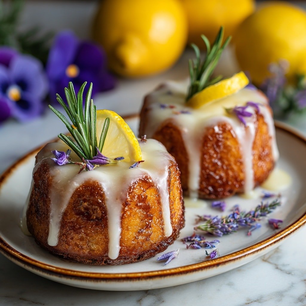 Two small round cakes with fluted edges sit side by side on a white plate with a thin brown rim. Each cake is golden brown with a slightly shiny, glazed surface, drizzled with white icing that runs down the sides in thin lines. On top of each cake, there is a small wedge of yellow lemon and a sprig of green rosemary. Purple lavender flowers are scattered on the cakes and placed next to them on the plate. The plate is set on a white marbled surface, with blurred yellow lemons and purple flowers visible in the background. Photo taken with an iphone --ar 1:1 --v 7 — Lemon Mini Cakes with Lavender Glaze, lemon mini cake recipe, floral Lemon Cakes, Spring-inspired mini cakes, easy Lemon Cake with lavender glaze