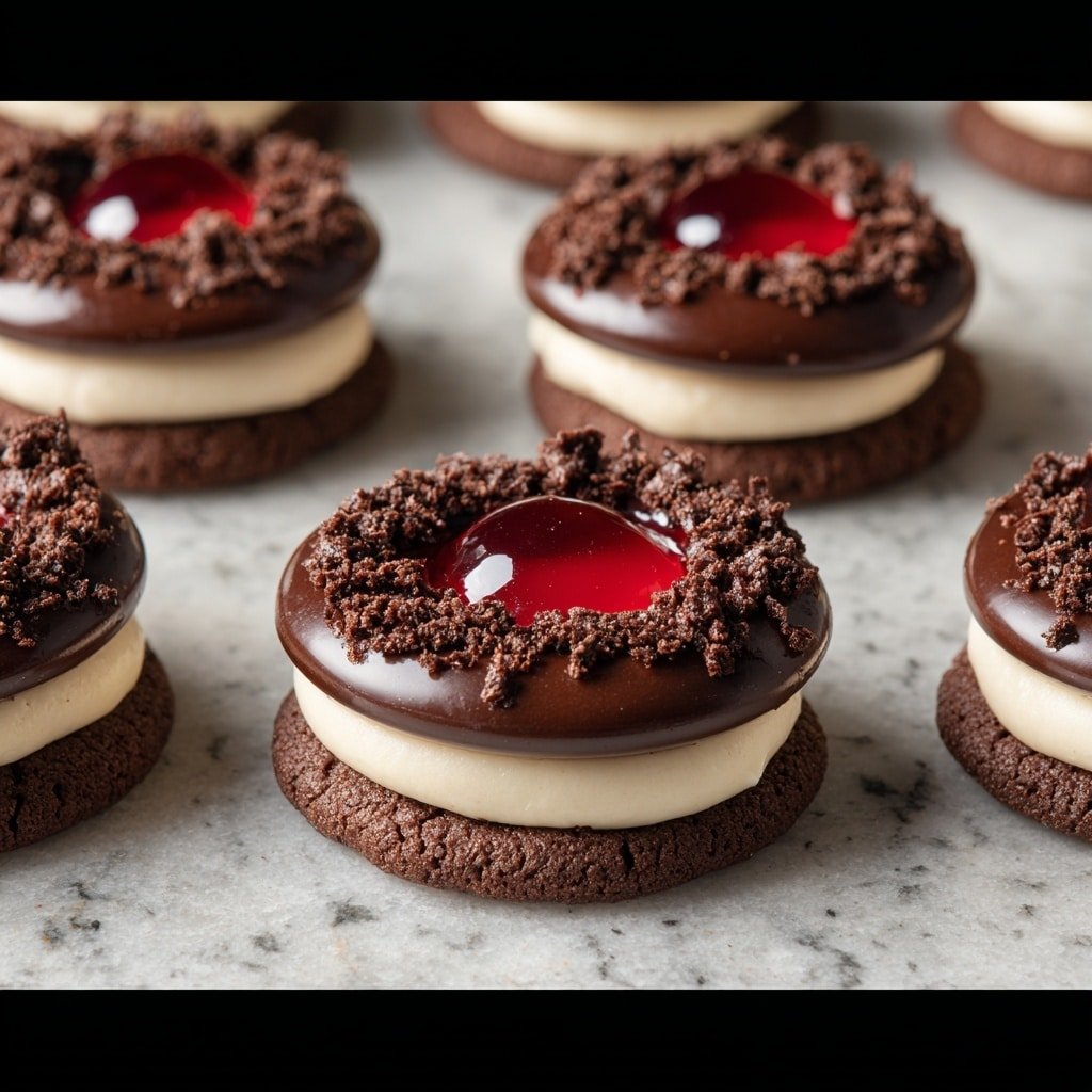 The image shows a group of small round desserts arranged on a white marbled surface. Each dessert has three layers: the bottom layer is a dark brown cookie base with a rough texture, the middle layer is a thick swirl of smooth off-white cream, and the top layer is a ring of shiny dark chocolate with crumbled brown cookie pieces sprinkled on it. Inside the center of the chocolate ring is a glossy red jelly-like filling that looks slightly transparent. The desserts are close to each other with soft shadows beneath them, giving a fresh and inviting look. photo taken with an iphone --ar 1:1 --v 7 — Black Forest Cherry Cookies, chocolate cherry cookies, easy cherry cookie recipes, buttery cherry-filled cookies, homemade Black Forest treats