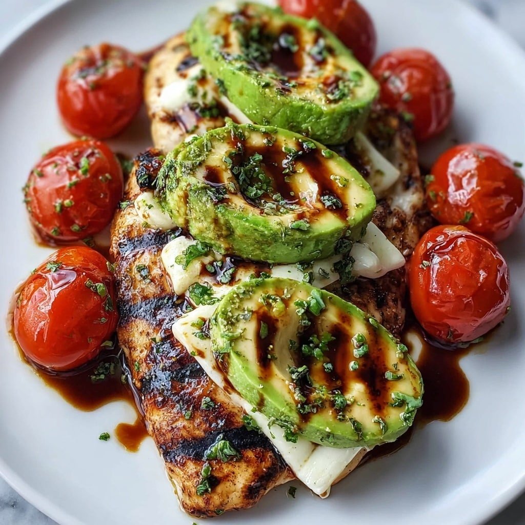 A white plate holds a grilled piece of chicken with dark grill marks and sprinkled with chopped green herbs. On top, there are creamy green avocado halves layered with melted white cheese, both showing rich grill marks and drizzled with a dark glaze. Around the chicken and avocado, bright red grilled cherry tomatoes with slight charred spots complete the dish, all set against a white marbled background. photo taken with an iphone --ar 1:1 --v 7 — Grilled Chicken with California Avocado, grilled chicken with avocado, summer grilled chicken recipe, easy avocado chicken, flavorful grilled chicken