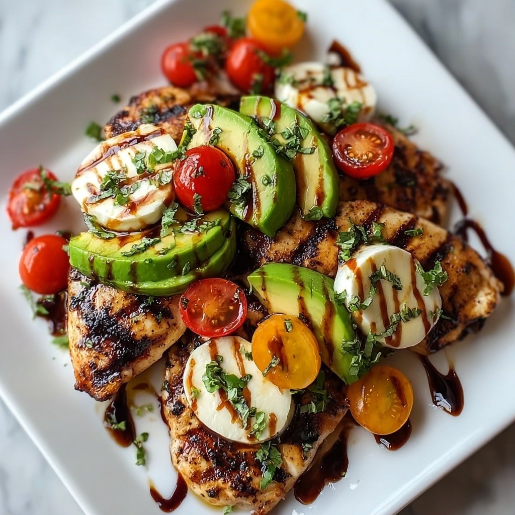 The image shows a white plate with grilled chicken pieces as the bottom layer, marked with dark grill lines and a light brown color. On top of the chicken, there are slices of green avocado and creamy white cheese, also with some grill marks. Red grilled cherry tomatoes, some halved and some whole, are scattered on and around the chicken and avocado. The dish is drizzled with a dark balsamic glaze and garnished with small green herb pieces. The plate sits on a white marbled surface. photo taken with an iphone --ar 1:1 --v 7 — Grilled Chicken with California Avocado, grilled chicken with avocado, summer grilled chicken recipe, easy avocado chicken, flavorful grilled chicken