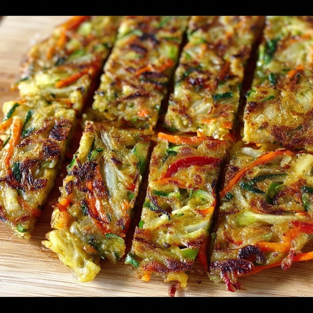 A crispy vegetable pancake sliced into neat rectangular pieces laid on a wooden board, with visible layers of thinly shredded green onions, orange carrots, and red peppers mixed into a golden brown batter. The pancake surface is slightly charred and textured, showcasing caramelized edges and bits of melted batter that hold the colorful vegetables together, giving it a crunchy and chewy look. The vegetables are distributed evenly throughout the pancake, making it look fresh and vibrant. photo taken with an iphone --ar 1:1 --v 7 — Yogurt Marinated Chicken, flavorful chicken marinade, healthy chicken dinner, baking chicken with yogurt, easy chicken marinade