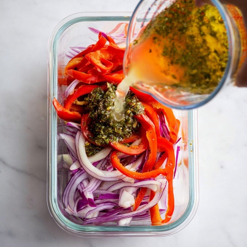 The image shows a clear rectangular container filled with three layers of ingredients. The bottom layer is thin, curved slices of purple onion, showing a crisp texture. On top of the onions, there are bright red sliced bell peppers with a smooth and shiny texture scattered all over. In the middle, there is a dollop of green herb paste or sauce, textured with small leafy bits. A clear liquid is being poured into the container from a glass measuring cup held by a woman's hand, creating a slight splash over the vegetables. The whole scene is set on a white marbled surface. photo taken with an iphone --ar 1:1 --v 7 — Spicy Pickled Red Onions, pickled onions recipe, homemade pickled red onions, spicy onion condiment, quick pickled onions