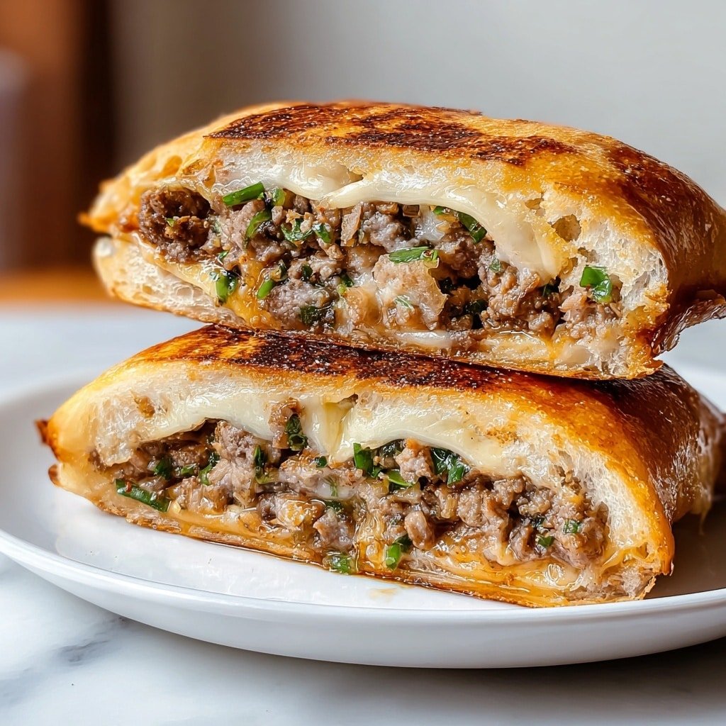 The image shows two halves of a sandwich stacked on a white plate with a white marbled surface in the background. Each sandwich half has three visible layers: the top layer is golden brown bread with a soft, slightly airy texture; the middle layer consists of cooked ground meat mixed with small pieces of green herbs and translucent cooked onions; the bottom layer has melted cheese that appears creamy and slightly stringy, blending into the bread beneath it. The sandwich filling looks moist and rich, with a mix of brown and green tones contrasted against the light bread. Photo taken with an iphone --ar 1:1 --v 7 — Korean Kimchi Bulgogi Cheesesteak, Korean beef sandwich, Kimchi cheesesteak recipe, Bulgogi-inspired cheesesteak, Korean barbecue sandwich