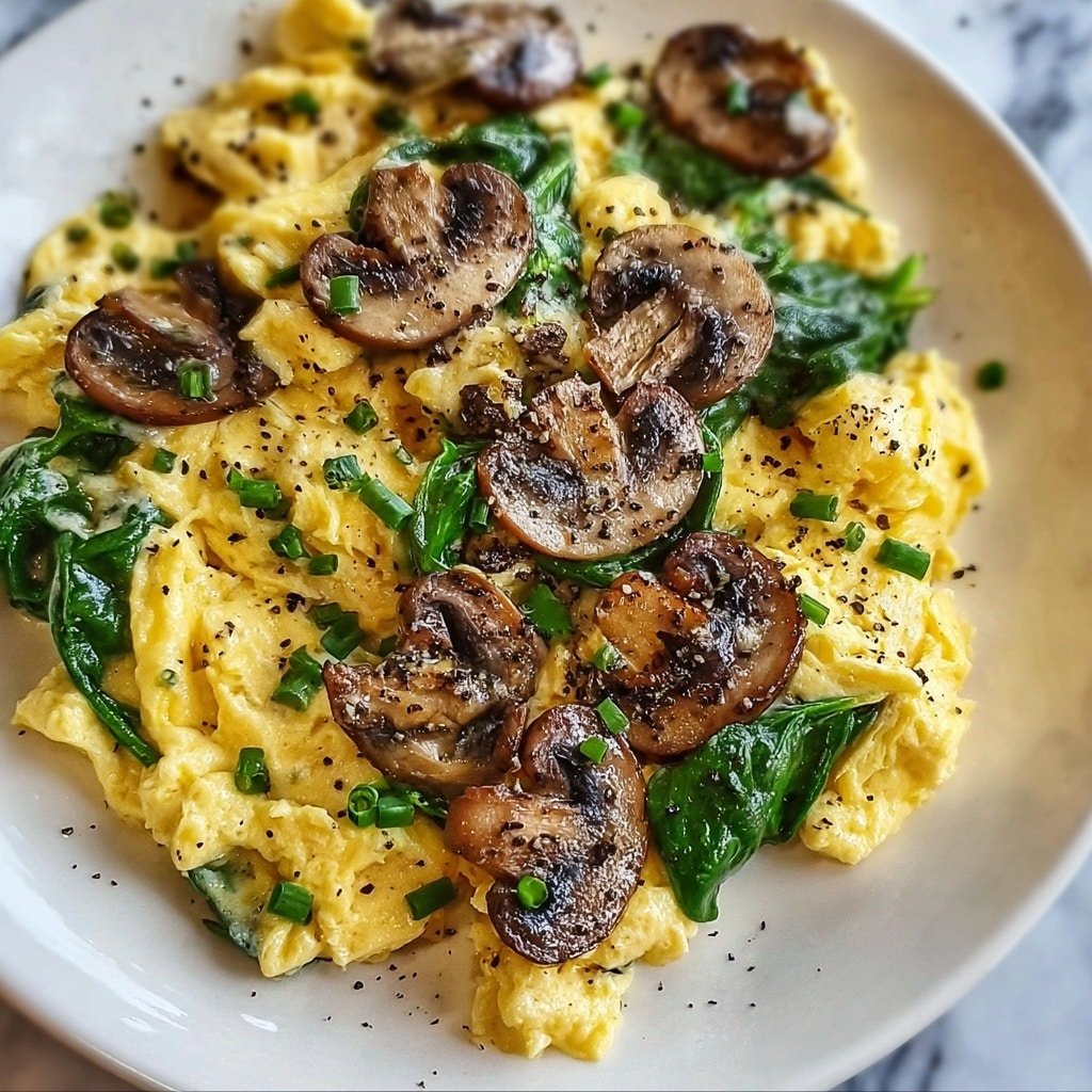 The dish shows a close-up of soft scrambled eggs mixed with cooked spinach leaves, all topped with sautéed mushroom slices. The eggs are bright yellow and fluffy with a slightly creamy texture, while the spinach adds a fresh green layer scattered throughout. The mushroom slices are brown and glossy, placed unevenly on top, with a light sprinkling of black pepper and small green chive pieces. The food rests on a white plate set on a white marbled surface. photo taken with an iphone --ar 1:1 --v 7 — Quick Mushroom Spinach Scrambled Eggs, Mushroom Spinach Egg Breakfast, Healthy Scrambled Eggs with Mushrooms and Spinach, Easy Mushroom and Spinach Egg Recipe, Quick Breakfast Ideas with Eggs
