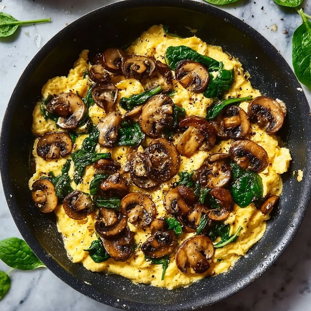 A black frying pan filled with scrambled eggs at the bottom layer, showing a soft, slightly fluffy texture in yellow. On top of the eggs are medium-brown cooked mushroom slices scattered evenly, adding a glossy and slightly firm texture. Dark green spinach leaves are mixed within the eggs and mushrooms, adding fresh, leafy accents. The pan is on a white marbled surface with some spinach leaves around it. The overall look is warm and appetizing with specks of black pepper on top. photo taken with an iphone --ar 1:1 --v 7 — Quick Mushroom Spinach Scrambled Eggs, Mushroom Spinach Egg Breakfast, Healthy Scrambled Eggs with Mushrooms and Spinach, Easy Mushroom and Spinach Egg Recipe, Quick Breakfast Ideas with Eggs