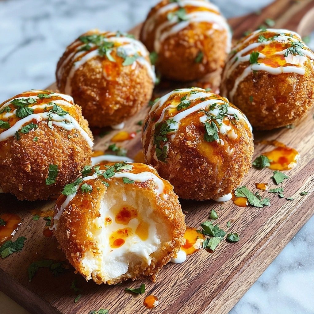 A wooden board holds eight round, golden-brown fried balls with a crispy, breadcrumb coating. Each ball is topped with a drizzle of orange chili oil and thin lines of white creamy sauce, and sprinkled with small green fresh herbs. One ball is cut open, showing a soft, white, creamy inside with the orange chili oil sitting gently on top. The board is placed on a white marbled surface. Photo taken with an iphone --ar 1:1 --v 7 — Fried Burrata with Spicy Sriracha Sauce, crispy burrata appetizer, cheesy fried cheese recipe, spicy cheese dip, easy gourmet appetizers