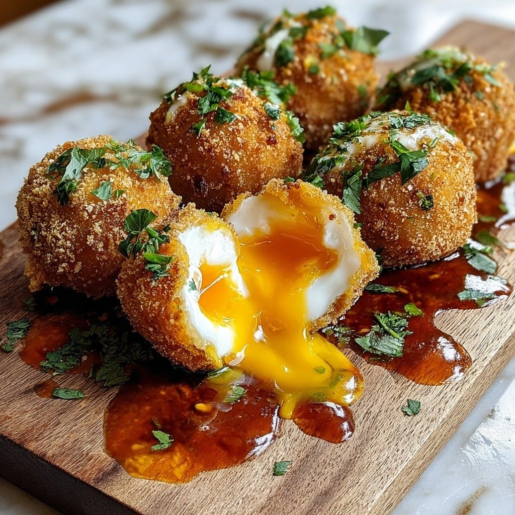 The image shows eight round, crispy golden brown fried balls arranged closely on a light brown wooden board. Each ball is coated with fine breadcrumbs that give them a rough texture. Two of the balls are broken open, revealing a soft white layer surrounding a warm, runny yellow center. A shiny orange sauce is drizzled on top of the balls and slightly pools on the board below. Fresh green chopped herbs are sprinkled over all the balls as garnish. The background is blurred with a white marbled texture underneath the board. photo taken with an iphone --ar 1:1 --v 7 — Fried Burrata with Spicy Sriracha Sauce, crispy burrata appetizer, cheesy fried cheese recipe, spicy cheese dip, easy gourmet appetizers