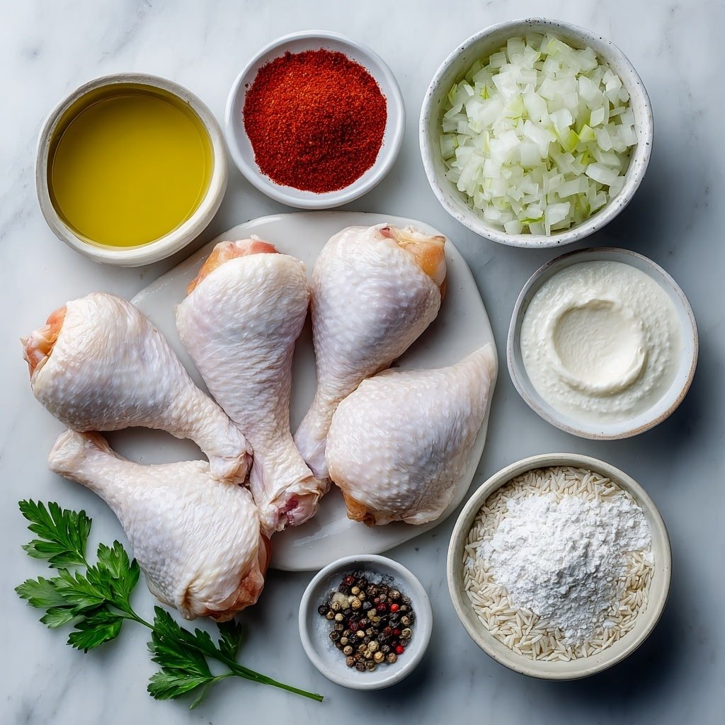 Flat lay of six fresh raw chicken drumsticks, a small white bowl of golden olive oil, finely chopped white onion in a simple white ceramic bowl, two peeled garlic cloves resting beside the onion, a small white bowl with bright red smoked paprika powder, another small white bowl with lighter sweet paprika powder, a small white bowl of coarse salt, a small white bowl of cracked black peppercorns, a small white bowl containing clear chicken broth, a small white bowl of thick heavy cream, a tiny white bowl holding a pale cornstarch-water mixture, a small white bowl filled with uncooked long grain rice, a small white bowl of clean water, and a few sprigs of fresh green parsley placed neatly on a simple white plate, all ingredients fresh and natural, placed on a clean white marble surface, soft natural light, photo taken with an iPhone, professional food photography style, fresh ingredients, white ceramic bowls, no bottles, no duplicates, no utensils, no packaging --ar 1:1 --v 7 --p m7354639359234015250 — Creamy Paprika Chicken and Rice, paprika chicken recipe, comforting chicken and rice dish, easy creamy paprika chicken, flavorful chicken and rice