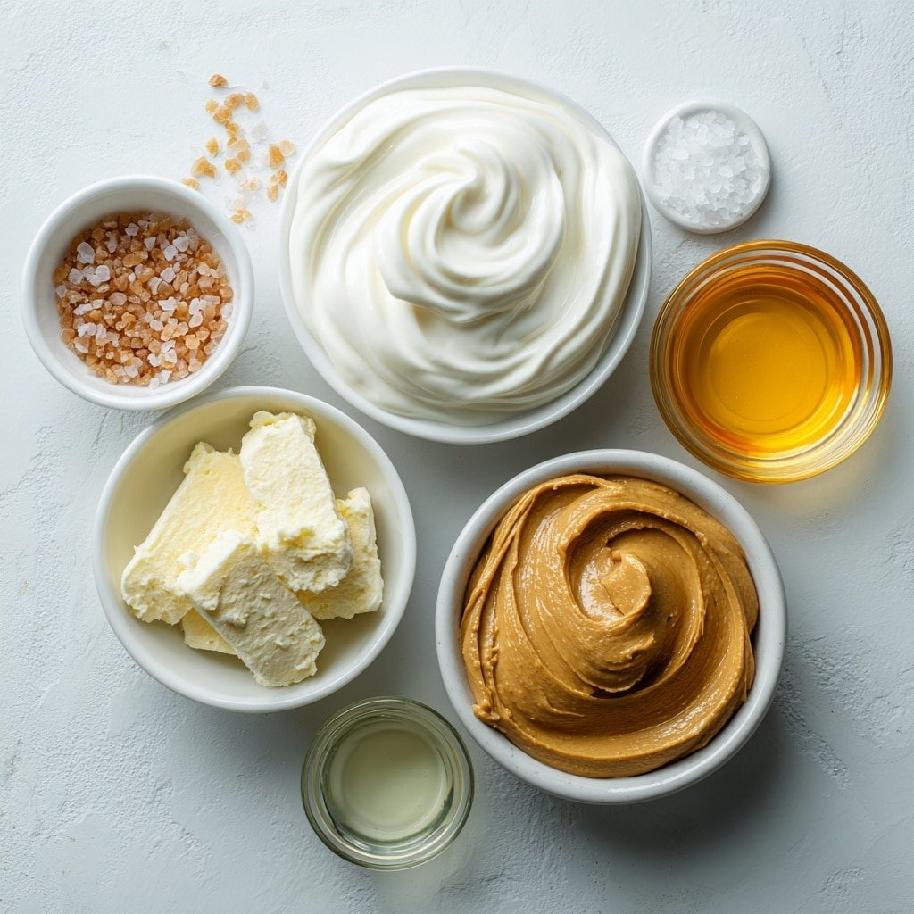 Flat lay of a small white ceramic bowl of creamy plain Greek yogurt, a small white ceramic bowl of smooth peanut butter, a small white ceramic bowl of golden honey, a small white ceramic bowl of clear vanilla extract, and a small pinch of natural sea salt crystals, all arranged in perfect symmetry on a clean white marble surface, soft natural light, photo taken with an iPhone, professional food photography style, fresh ingredients, white ceramic bowls, no bottles, no duplicates, no utensils, no packaging --ar 1:1 --v 7 --p m7354639359234015250 — Healthy Greek Yogurt Peanut Butter Bites, healthy snack ideas, no-bake protein bites, easy frozen treats, nutritious packed snacks