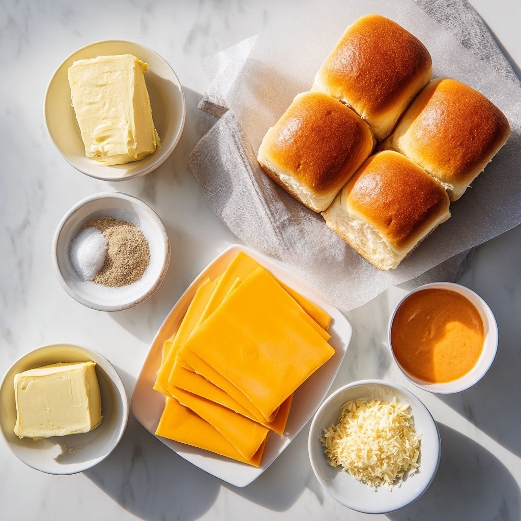 Flat lay of a cluster of twelve soft, golden Hawaiian rolls with a shiny crust, several thin slices of bright orange cheddar cheese neatly stacked, a small white bowl filled with melted butter glowing warmly, a tiny white bowl containing fine garlic powder, another small white bowl with light beige onion powder, four strips of crisp turkey bacon with a rich, reddish-brown hue arranged parallel, a small white bowl holding dried green parsley flakes, and a pinch of sea salt and freshly ground black pepper scattered gently on the surface, all ingredients symmetrically placed on a clean white marble surface, soft natural light, photo taken with an iPhone, professional food photography style, fresh ingredients, white ceramic bowls, no bottles, no duplicates, no utensils, no packaging --ar 1:1 --v 7 --p m7354639359234015250 — Mini Grilled Cheese Hawaiian Rolls, Hawaiian Rolls appetizer recipes, easy cheesy snacks, stuffed Hawaiian rolls, cheesy bread bites