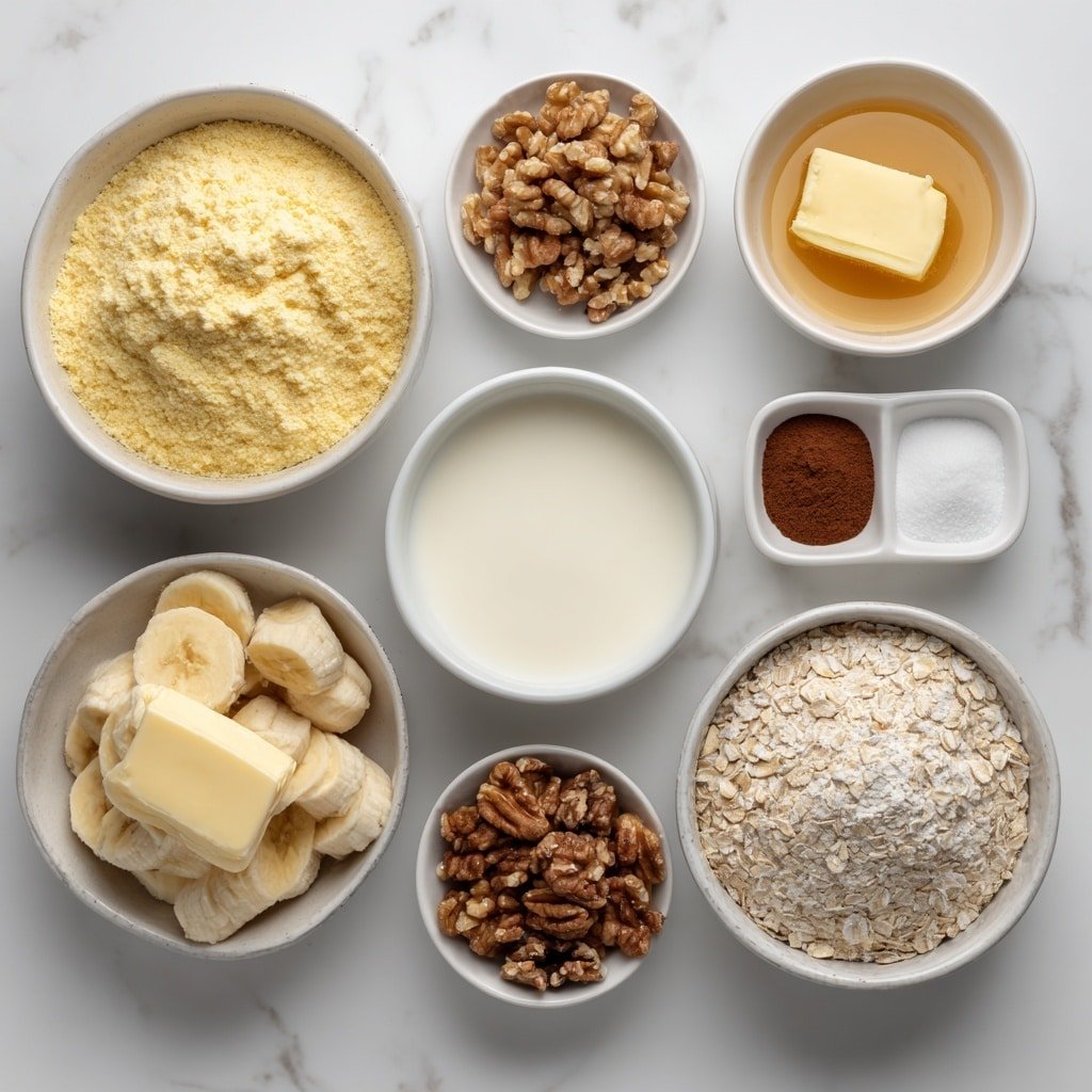 Flat lay of a white ceramic bowl filled with golden yellow cake mix powder, a small white bowl of creamy whole milk, a small white bowl holding melted golden butter, a small white bowl of butterscotch chips shimmering softly, a neat stack of 4-5 fresh medium bananas sliced into even rounds, a small white bowl filled with packed light brown sugar, another small white bowl containing clear water, a small white bowl of warm brown ground cinnamon, a white ceramic bowl heaped with old-fashioned rolled oats, a white bowl with pale all-purpose flour, a small white bowl holding fine baking powder, a white ceramic bowl of chopped walnuts, and a small white bowl of soft unsalted butter, all arranged symmetrically and balanced, with fresh natural textures and vibrant colors, placed on a clean white marble surface, soft natural light, photo taken with an iPhone, professional food photography style, fresh ingredients, white ceramic bowls, no bottles, no duplicates, no utensils, no packaging --ar 1:1 --v 7 --p m7354639359234015250 — Banana Bread Cobbler with Butterscotch Chips, Banana bread dessert, Easy banana cobbler recipe, Rustic fruit cobbler, Comforting banana dessert