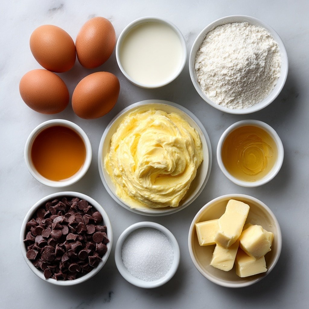 Flat lay of seven whole brown eggs with clean shells, a small white bowl of whole milk, a small white bowl of evaporated milk, a small white bowl of sweetened condensed milk, a small white bowl of granulated sugar, a small white bowl of golden vanilla extract, a small white bowl of coarse sea salt, a simple white ceramic plate with cubed brioche bread, a small white bowl filled with glossy semi-sweet chocolate chips all arranged symmetrically and balanced, placed on a clean white marble surface, soft natural light, photo taken with an iPhone, professional food photography style, fresh ingredients, white ceramic bowls, no bottles, no duplicates, no utensils, no packaging --ar 1:1 --v 7 --p m7354639359234015250 — Tres Leches Bread Pudding with Chocolate Chips, indulgent tres leches dessert, creamy bread pudding recipe, easy bread pudding with chocolate, rich milky dessert