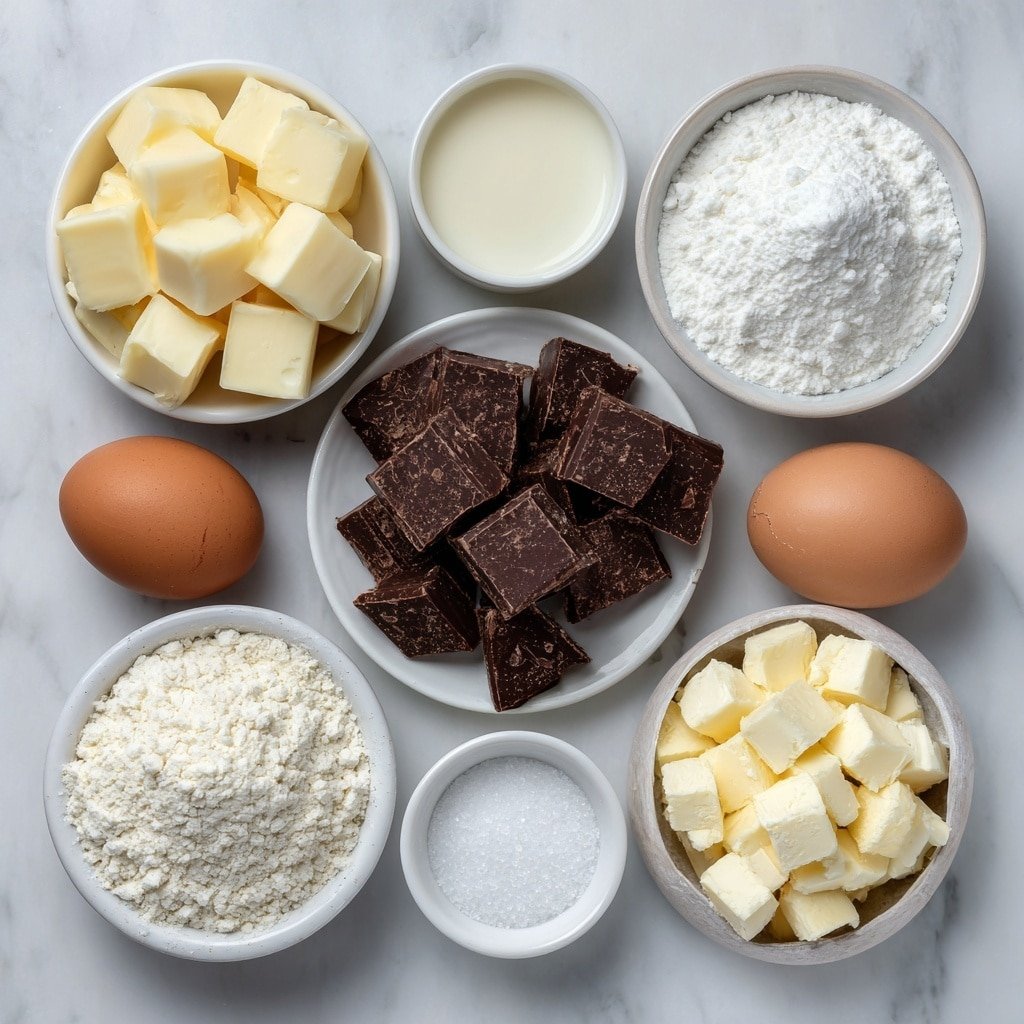 Flat lay of chopped white chocolate chunks, small cubes of unsalted butter, two whole uncracked brown eggs, two whole uncracked white eggs, a small white ceramic bowl filled with granulated white sugar, a small white ceramic bowl with clear vanilla extract, a small mound of all-purpose flour, and a small white ceramic bowl of fine salt, all arranged with perfect symmetry and balanced proportions, placed on a clean white marble surface, soft natural light, photo taken with an iPhone, professional food photography style, fresh ingredients, white ceramic bowls, no bottles, no duplicates, no utensils, no packaging --ar 1:1 --v 7 --p m7354639359234015250 — Creamy White Chocolate Brownies, White Chocolate Brownies Recipe, White Chocolate Brownies, Easy White Chocolate Brownies, White Chocolate Dessert