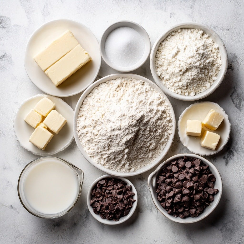 Flat lay of a mound of all-purpose flour on a simple white ceramic plate, a small white bowl of warm whole milk, a few cubes of unsalted butter on a white ceramic dish, a small block of fresh yeast, three tablespoons of granulated sugar in a small white bowl, a teaspoon of baking powder in a tiny white bowl, a pinch of salt scattered gently on the surface, a generous pile of glossy chocolate chips on a white ceramic plate, a small white bowl with vanilla extract, and a small white bowl with milk reserved for glazing, all arranged in perfect symmetry, placed on a clean white marble surface, soft natural light, photo taken with an iPhone, professional food photography style, fresh ingredients, white ceramic bowls, no bottles, no duplicates, no utensils, no packaging --ar 1:1 --v 7 --p m7354639359234015250 — Fluffy Chocolate Chip Milk Buns, soft milk bun recipe, chocolate chip bread, enriched dough buns, easy sweet bread recipes