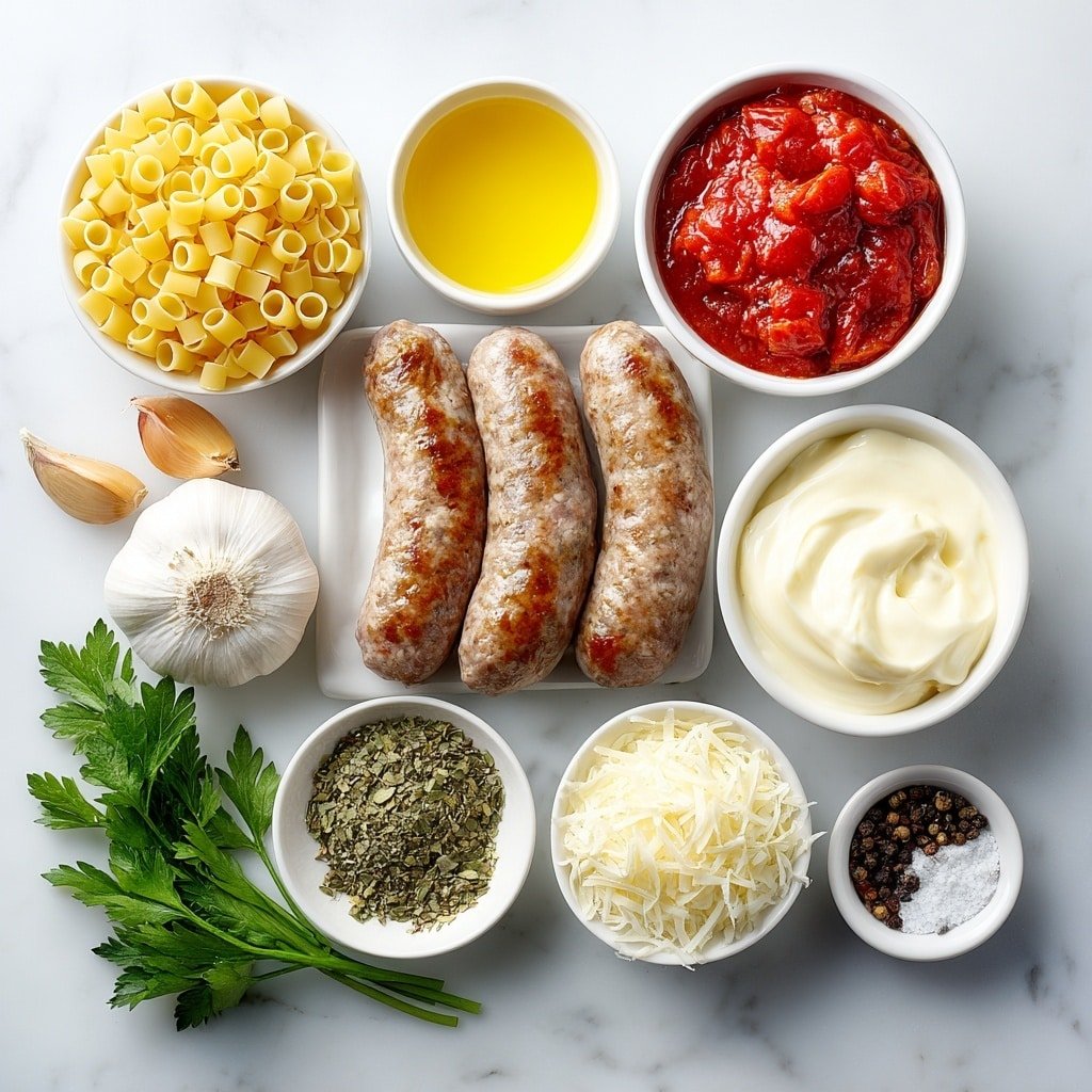 Flat lay of a mound of fresh Italian sausage links, a small white bowl of golden olive oil, a whole yellow onion with shiny skin, three whole garlic cloves with papery white skins, a simple white bowl filled with bright red diced tomatoes, a white bowl holding golden chicken stock, small piles of dried green basil and oregano herbs, a portion of uncooked ditalini pasta scattered neatly, a white bowl of rich heavy cream, a block of creamy Parmesan cheese with a small wedge cut, a bunch of vibrant fresh parsley sprigs, and small piles of coarse salt and cracked black peppercorns arranged symmetrically, all placed on a clean white marble surface, soft natural light, photo taken with an iPhone, professional food photography style, fresh ingredients, white ceramic bowls, no bottles, no duplicates, no utensils, no packaging --ar 1:1 --v 7 --p m7354639359234015250 — Creamy Italian Sausage Ditalini Soup, Italian sausage pasta soup, hearty sausage and pasta soup, comforting creamy Italian soup, easy weeknight Italian soup