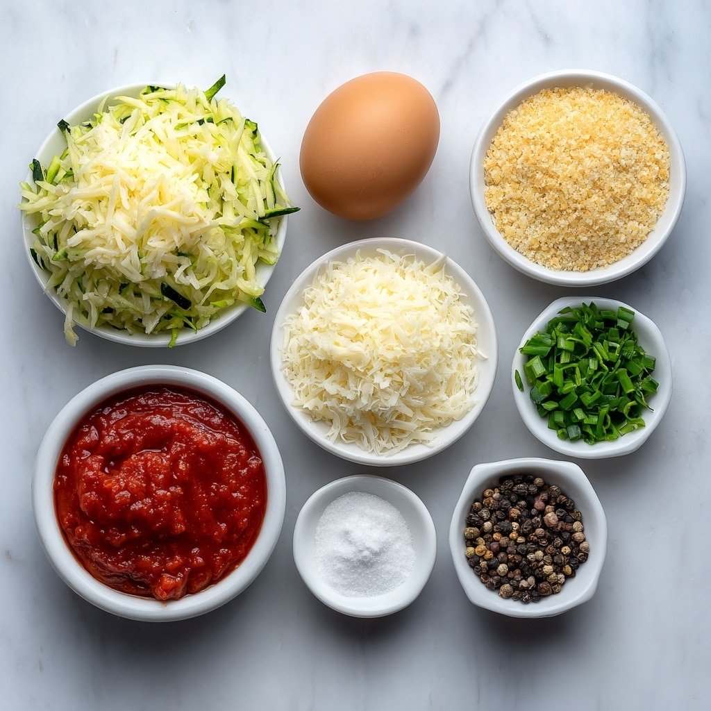 Flat lay of a small mound of freshly shredded zucchini, a single peeled garlic clove finely grated in a small white bowl, a small white bowl filled with golden brown breadcrumbs, a small white bowl holding a heap of finely grated Parmigiano-Reggiano cheese, one whole large brown egg with a clean shell, a small cluster of bright green chopped fresh chives, a small bunch of fresh flat-leaf parsley leaves chopped, a small amount of fresh basil leaves chopped, a small pile of fresh oregano leaves chopped, a small white bowl with fine sea salt, a small white bowl with coarse black peppercorns, and a small white bowl filled with vibrant red tomato sauce for dipping, all arranged symmetrically and balanced in proportion, placed on a clean white marble surface, soft natural light, photo taken with an iPhone, professional food photography style, fresh ingredients, white ceramic bowls, no bottles, no duplicates, no utensils, no packaging --ar 1:1 --v 7 --p m7354639359234015250 — Garlic Zucchini Bites, zucchini appetizer, crispy zucchini snacks, easy zucchini party food, baked zucchini bites