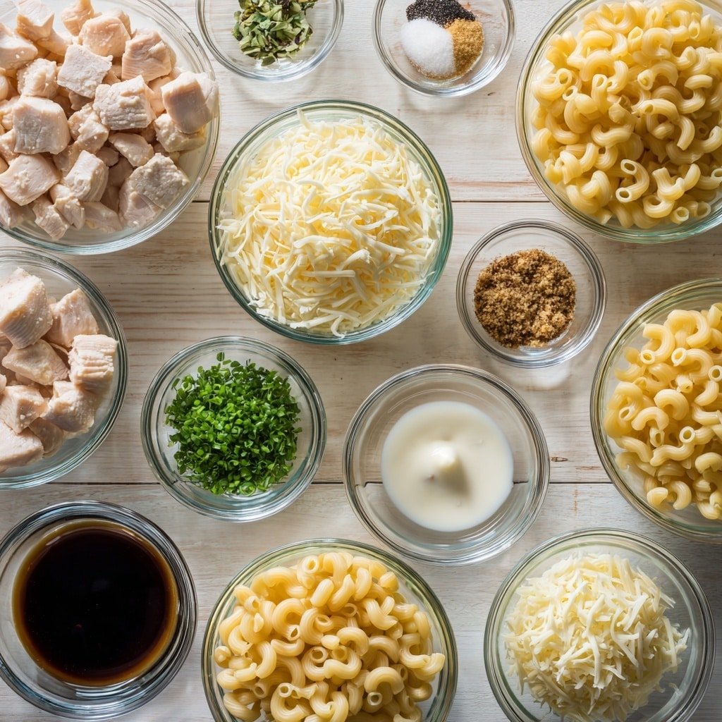 Flat lay of a small pile of boneless skinless chicken thighs, a small white bowl of golden honey substitute, a small white bowl of bright yellow pineapple juice, a small white bowl of dark soy sauce, a small white bowl of light amber apple cider vinegar, a small heap of black peppercorns, a small white bowl of pale garlic powder, a small white bowl of light beige onion powder, a small white bowl of vibrant red cayenne pepper, a small mound of dry cavatappi pasta spirals, a small pile of shredded white mozzarella cheese, a small pile of shredded mixed three cheese blend, two light creamy cheese wedges, a small pile of grated pale parmesan cheese, two small slices of smooth yellow Velveeta cheese, a small white bowl of creamy white evaporated milk, all ingredients neatly arranged in perfect symmetry on a clean white ceramic surface placed on a clean white marble surface, soft natural light, photo taken with an iPhone, professional food photography style, fresh ingredients, white ceramic bowls, no bottles, no duplicates, no utensils, no packaging --ar 1:1 --v 7 --p m7354639359234015250 — Honey Pepper Chicken Mac and Cheese, Honey Pepper Chicken recipe, cheesy chicken pasta with honey and pepper, easy chicken mac and cheese, flavorful comfort food recipes