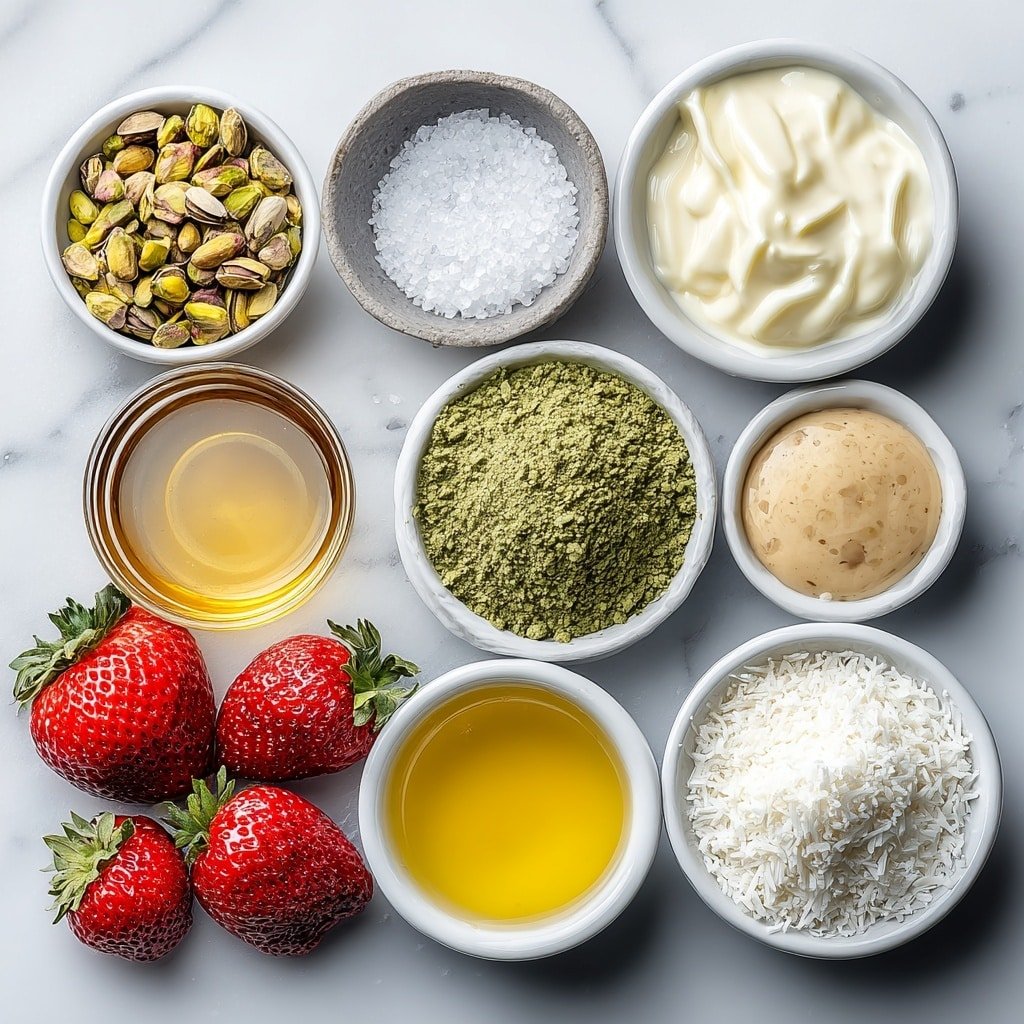 Flat lay of raw green pistachios in a small pile, a small white ceramic bowl of fine salt, a small white bowl with melted creamy white chocolate, a small white bowl of vibrant green matcha powder, a small white bowl of golden melted butter, a small mound of fluffy shredded white coconut, a small white bowl of smooth beige tahini, a small white bowl holding glossy melted dark chocolate chips, a small white bowl with clear coconut oil, and ten fresh red strawberries with green leafy tops, all arranged with perfect symmetry and balanced proportions, placed on a clean white marble surface, soft natural light, photo taken with an iPhone, professional food photography style, fresh ingredients, white ceramic bowls, no bottles, no duplicates, no utensils, no packaging --ar 1:1 --v 7 --p m7354639359234015250 — Dubai Chocolate Strawberries with Pistachio Spread, chocolate strawberries with pistachio, luxurious strawberry dessert, pistachio-dipped strawberries, festive fruit treat