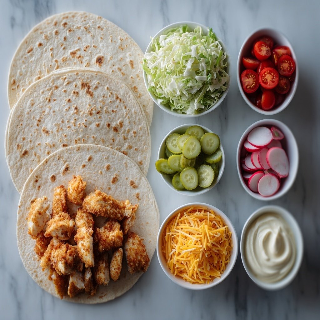 Flat lay of two whole wheat tortillas, a small pile of golden air fryer chicken tenders, a mound of fresh coleslaw mix with shredded cabbage and carrots, thinly sliced pale green lettuce leaves, diced bright green pickles, delicate thinly sliced pink radishes, halved vibrant red cherry tomatoes, a small heap of shredded bright orange cheddar cheese, and four small white ceramic bowls each containing creamy plain Greek yogurt, smooth mayonnaise, grainy dijon mustard, golden honey, and clear white vinegar, all arranged with perfect symmetry on a clean white marble surface, soft natural light, photo taken with an iPhone, professional food photography style, fresh ingredients, white ceramic bowls, no bottles, no duplicates, no utensils, no packaging --ar 1:1 --v 7 --p m7354639359234015250 — Honey Mustard Chicken Wraps, easy chicken wrap recipes, healthy lunch ideas, quick dinner recipes, flavorful chicken wraps