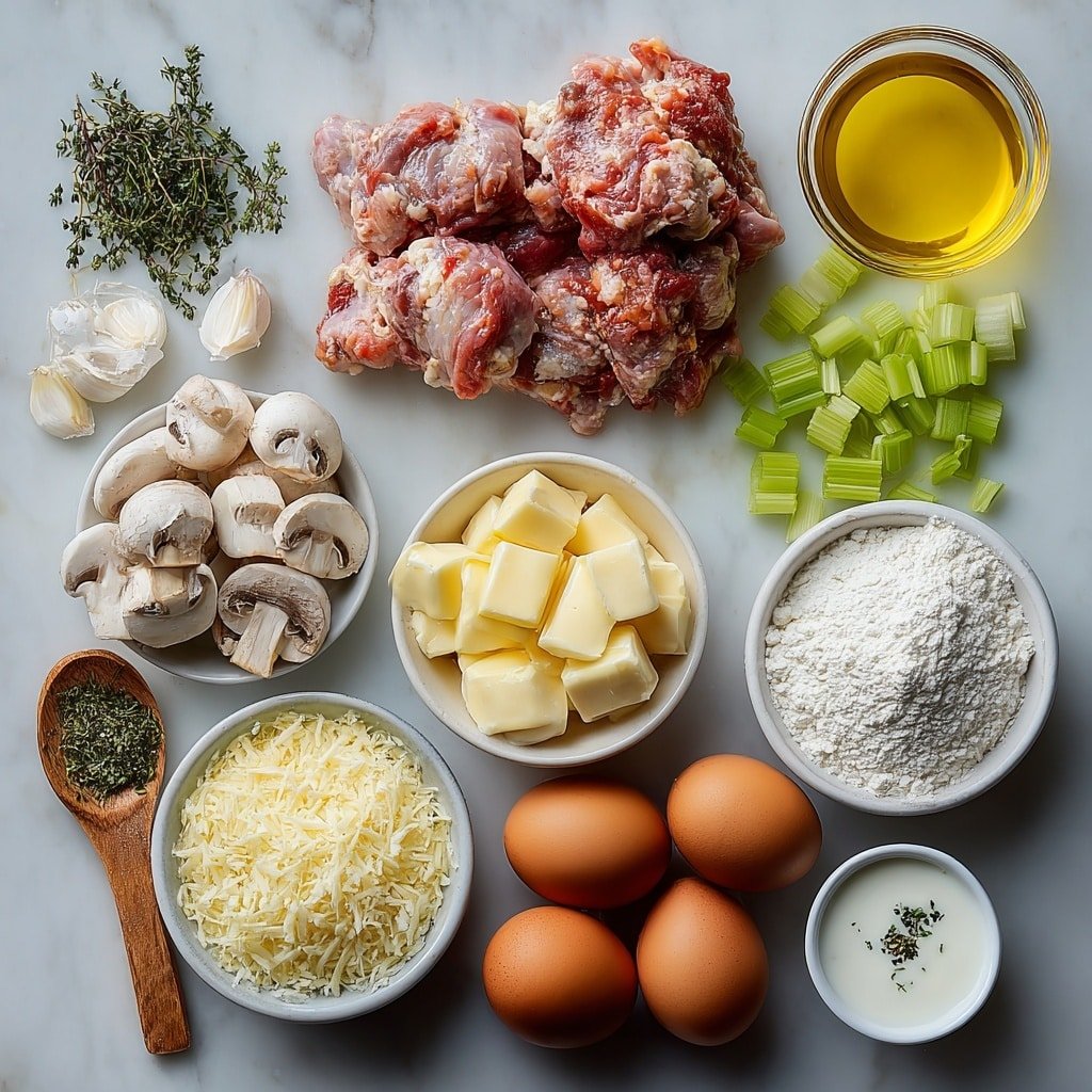 Flat lay of raw chopped chicken thighs, a small bowl of cooked wild rice blend, a diced yellow onion, three chopped celery stalks, three chopped carrots, six unpeeled garlic cloves, a small pile of sliced baby Bella mushrooms, a small white bowl of golden olive oil, a small white bowl of melted butter, a small white bowl of low sodium chicken broth, a small white bowl of milk, a small white bowl of white flour, a small white bowl of cornstarch, small piles of freshly grated sharp cheddar cheese and grated Parmesan cheese, a small white bowl of panko breadcrumbs, and two whole brown eggs placed symmetrically around fresh dried herbs (parsley, basil, thyme) in natural wooden spoons, placed on a clean white marble surface, soft natural light, photo taken with an iPhone, professional food photography style, fresh ingredients, white ceramic bowls, no bottles, no duplicates, no utensils, no packaging --ar 1:1 --v 7 --p m7354639359234015250 — Creamy Chicken and Wild Rice Casserole, comfort food recipes, easy chicken casserole, cheesy rice bake, healthy chicken dinner ideas