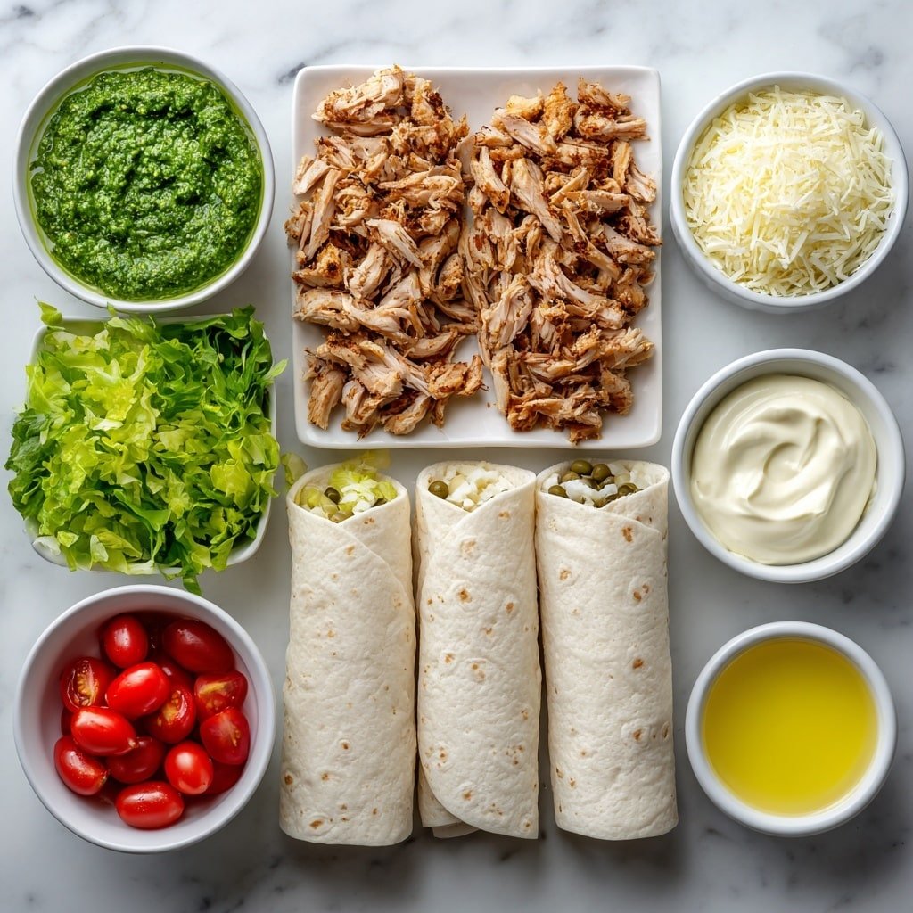 Flat lay of cooked chicken pieces, a small white bowl of bright green pesto, a small white bowl of grated parmesan, four fresh soft wraps arranged neatly, shredded romaine lettuce leaves, halved cherry tomatoes, and small white bowls containing creamy mayo, golden olive oil, pale yellow fresh lemon juice, finely grated parmesan, whole garlic cloves, a small white bowl with capers and brine, and a small white bowl of smooth Dijon mustard, all placed on a clean white marble surface, soft natural light, photo taken with an iPhone, professional food photography style, fresh ingredients, white ceramic bowls, no bottles, no duplicates, no utensils, no packaging --ar 1:1 --v 7 --p m7354639359234015250 — Chicken Pesto Wraps, quick lunch wraps, healthy chicken wraps, easy dinner wraps, veggie chicken wraps