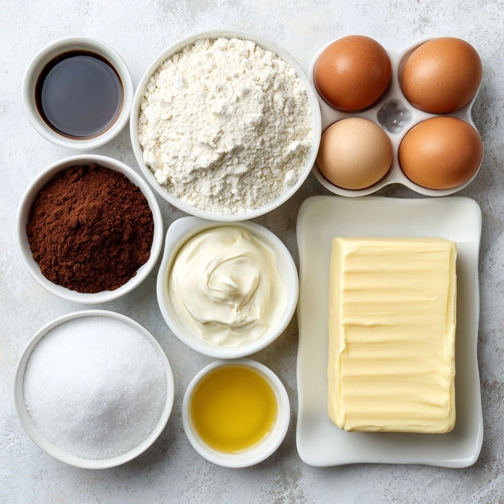 Flat lay of a small mound of all-purpose flour, a heap of granulated sugar, a small white bowl filled with rich Dutch-process cocoa powder, a few teaspoons of baking soda and baking powder arranged as neat piles, a pinch of salt in a tiny white bowl, a small white bowl of creamy buttermilk, a dollop of sour cream on a simple white plate, three large brown eggs with clean shells, a small white bowl of golden vegetable oil, a tiny white bowl holding amber vanilla extract, a small white bowl of steaming hot coffee, a block of unsalted butter at room temperature on a white plate, a small white bowl of powdered sugar, another small white bowl with smooth hot fudge sauce, all ingredients spaced with perfect symmetry and balanced proportions, placed on a clean white marble surface, soft natural light, photo taken with an iPhone, professional food photography style, fresh ingredients, white ceramic bowls, no bottles, no duplicates, no utensils, no packaging --ar 1:1 --v 7 --p m7354639359234015250 — Delicious Chocolate Sheet Cake, chocolate sheet cake, moist chocolate cake recipe, easy chocolate cake, decadent chocolate dessert