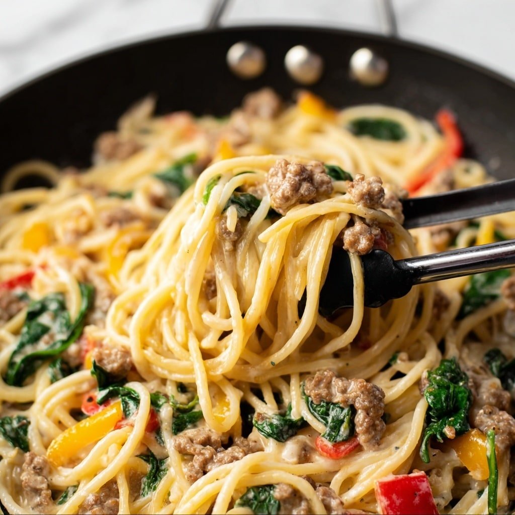 The image shows a black pan filled with spaghetti pasta mixed with small chunks of cooked meat, diced red and yellow bell peppers, and dark green spinach leaves. The pasta is light yellow and coated with a creamy sauce, giving it a shiny texture. The ingredients are evenly distributed among the long pasta strands. A pair of black tongs lifts some pasta from the right side of the pan. The pan sits on a white marbled surface. photo taken with an iphone --ar 1:1 --v 7 — Creamy Sausage Pasta with Peppers, sausage pasta recipes, creamy pasta with sausage and peppers, easy sausage pasta dish, comforting pasta dinner