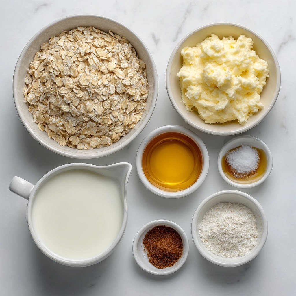Flat lay of a small white ceramic bowl filled with rolled oats, a small white bowl with creamy plain yogurt, another small white bowl holding golden maple syrup, a small white bowl containing ground cinnamon powder, a small white bowl with clear vanilla extract, a pinch of salt neatly arranged on the surface, and a simple white ceramic cup of fresh milk, all placed in perfect symmetry, placed on a clean white marble surface, soft natural light, photo taken with an iPhone, professional food photography style, fresh ingredients, white ceramic bowls, no bottles, no duplicates, no utensils, no packaging --ar 1:1 --v 7 --p m7354639359234015250 — Cinnamon Roll Overnight Oats, healthy overnight oats, easy breakfast ideas, cinnamon breakfast recipes, quick breakfast oats