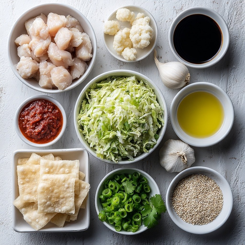 Flat lay of finely diced raw chicken breasts, two whole garlic cloves, a small pile of fresh minced ginger root, a crisp handful of mixed coleslaw greens, thinly sliced green onions arranged neatly, a small white bowl of golden sesame oil, a small white bowl of dark soy sauce, a small white bowl of amber rice vinegar, a small white bowl of light honey, a stack of square wonton wrappers, a small white bowl of vibrant red sweet chili sauce, fresh sprigs of bright green cilantro, and a scattering of white and black sesame seeds, all placed on a clean white marble surface, soft natural light, photo taken with an iPhone, professional food photography style, fresh ingredients, white ceramic bowls, no bottles, no duplicates, no utensils, no packaging --ar 1:1 --v 7 --p m7354639359234015250 — Chicken Wonton Tacos with Asian Slaw, Easy Asian Fusion Tacos, Crispy Chicken Tacos with Slaw, Asian-inspired Taco Recipes, Quick Weeknight Tacos