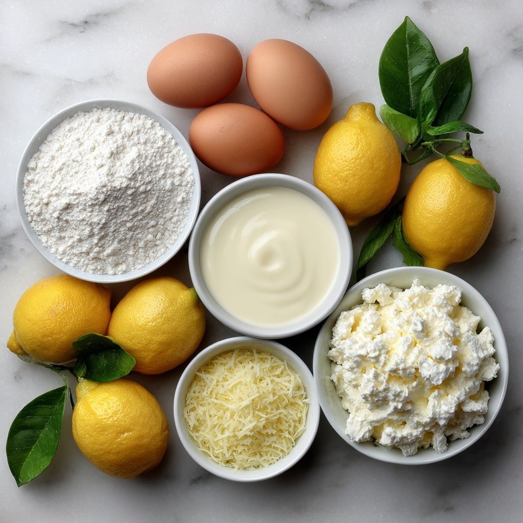 Flat lay of four whole brownish-white eggs with clean shells, a small white bowl of fine granulated sugar, a small white bowl of powdery almond flour, a small white bowl of powdered sugar, a small white bowl of softened unsalted butter, a small white bowl of cream cheese, a small white bowl of smooth lemon curd, a few fresh whole lemons with bright yellow skin and fresh green leaves, a small white bowl containing pale yellow milk, and a small amount of finely grated lemon zest arranged symmetrically around a pinch of coarse salt and a tiny white bowl of clear vanilla extract, all ingredients fresh and natural, placed on a clean white marble surface, soft natural light, photo taken with an iPhone, professional food photography style, fresh ingredients, white ceramic bowls, no bottles, no duplicates, no utensils, no packaging --ar 1:1 --v 7 --p m7354639359234015250 — Lemon Macarons, how to make lemon macarons, homemade lemon macarons, lemon macarons recipe step by step, easy lemon macaron filling