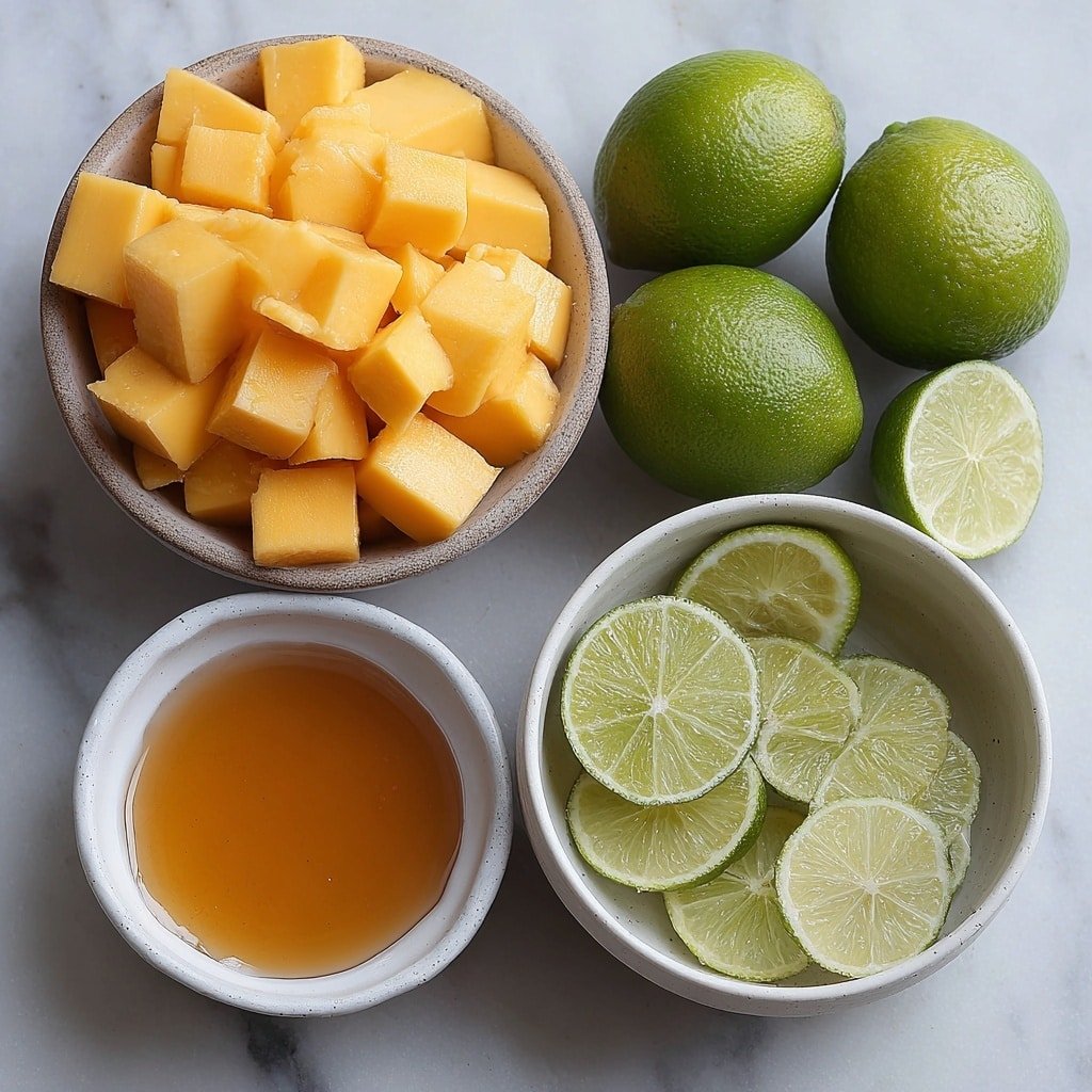 Flat lay of a small mound of bright orange mango chunks, a small white ceramic bowl of clear water, a small white ceramic bowl of golden maple syrup, and a small white ceramic bowl holding fresh lime wedges beside a few whole fresh limes, all arranged symmetrically on a clean white marble surface, soft natural light, photo taken with an iPhone, professional food photography style, fresh ingredients, white ceramic bowls, no bottles, no duplicates, no utensils, no packaging --ar 1:1 --v 7 --p m7354639359234015250 — Mango Ice Pops with Lime and Maple, Lime Mango Frozen Treats, Healthy Mango Pops, Summer Fruit Pops, Easy Homemade Ice Pops