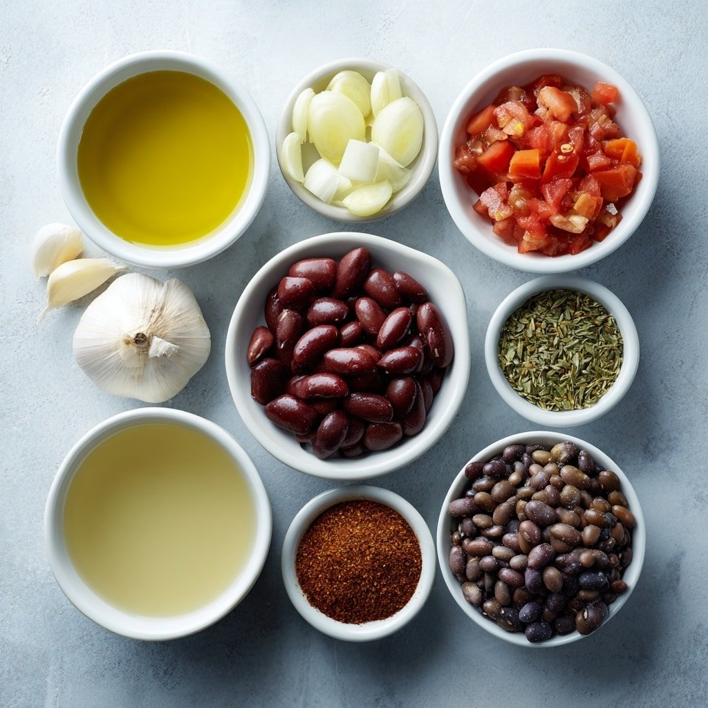 Flat lay of extra virgin olive oil in a small white bowl, two peeled garlic cloves, one yellow onion diced small, two peeled and diced carrots, a small white bowl of diced fresh tomatoes, a small white bowl of dried lentils, a small white bowl of black beans, small white bowls containing chili powder, ground cumin, black pepper, kosher salt, and crushed red pepper, and a small white bowl of vegetable broth, all arranged in perfect symmetry placed on a clean white marble surface, soft natural light, photo taken with an iPhone, professional food photography style, fresh ingredients, white ceramic bowls, no bottles, no duplicates, no utensils, no packaging --ar 1:1 --v 7 --p m7354639359234015250 — Cream Horns with Puff Pastry and Marshmallow Filling, Puff Pastry Cream Horns, Marshmallow Filled Pastry Recipe, Easy Cream Horns, Homemade Cream Horns