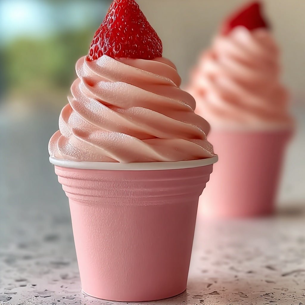 A tall swirl of smooth, light pink soft serve ice cream sits high over a matte pink cup, the ice cream glossy and creamy with visible folds spiraling upwards, topped with a single shiny red strawberry that shows small seeds and texture. The cup is simple and solid pink with light ridges near the top, placed on a white marbled surface with a blurred background showing a second similar pink cup with the same soft serve and strawberry out of focus. Photo taken with an iphone --ar 1:1 --v 7 — Strawberry Pineapple Dole Whip, tropical fruit dessert, dairy-free frozen treat, healthy summer dessert, easy fruit-based dessert